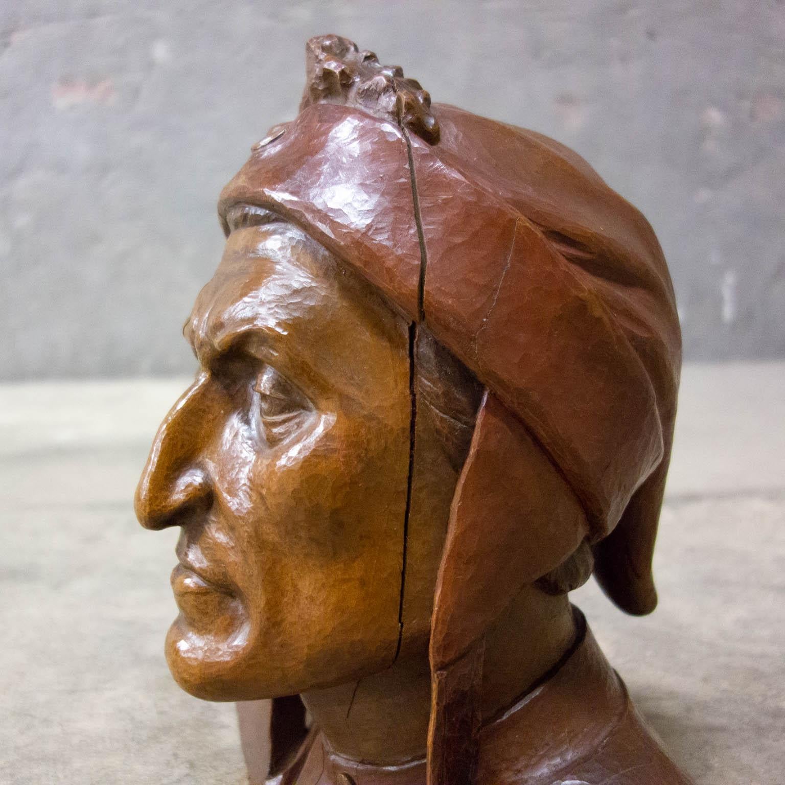 Arts and Crafts Wooden Head Statue of Danté Alighieri, Hand Made Arts & Crafts, Germany, 1880