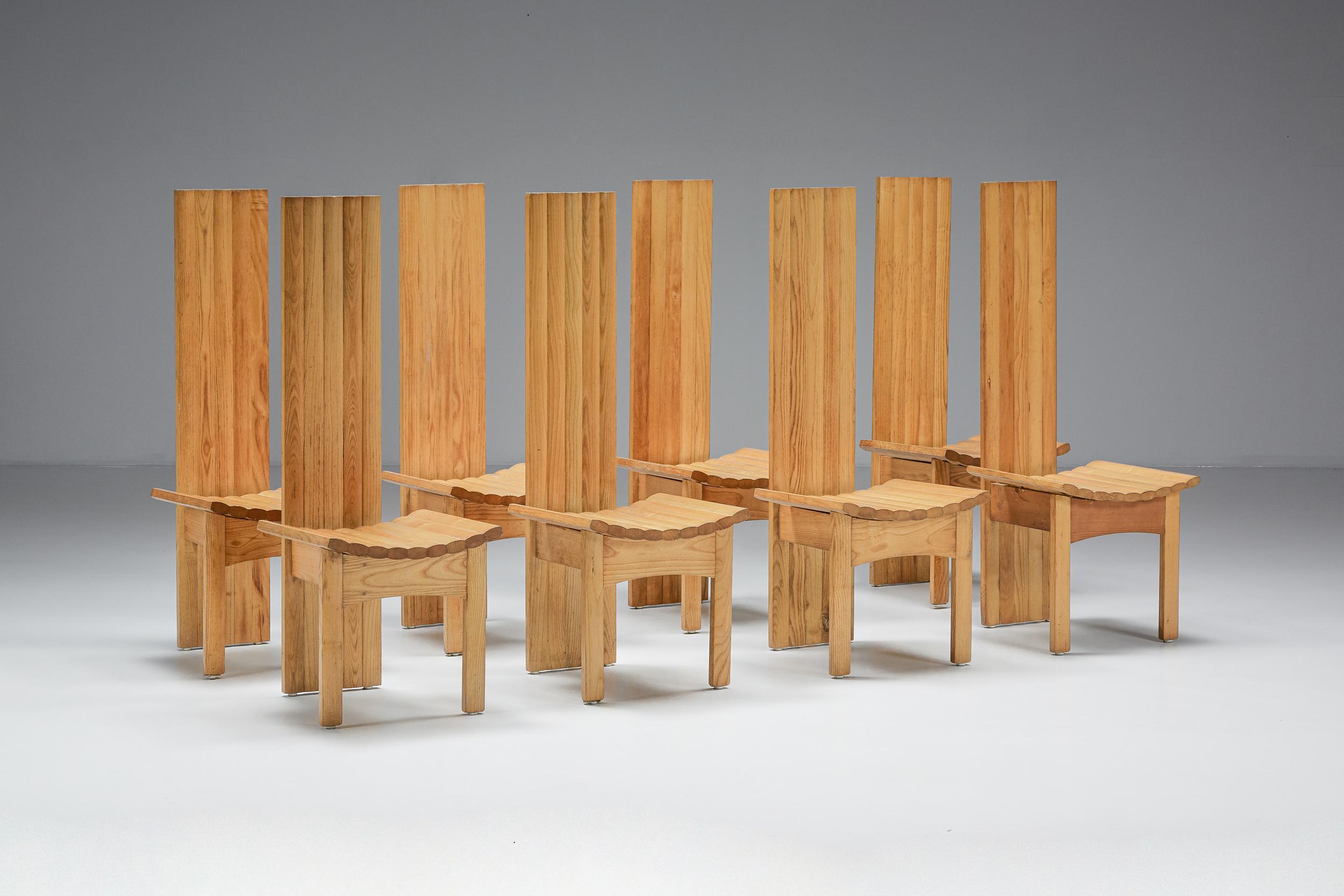 Wood; High back dining chairs; side chairs;

Elegant set of eight carefully crafted dining chairs. Sophisticated woodworking details that are also present in the designs of Axel Einar Hjorth, Pierre Chapo, and Charlotte Perriand. 

  
  