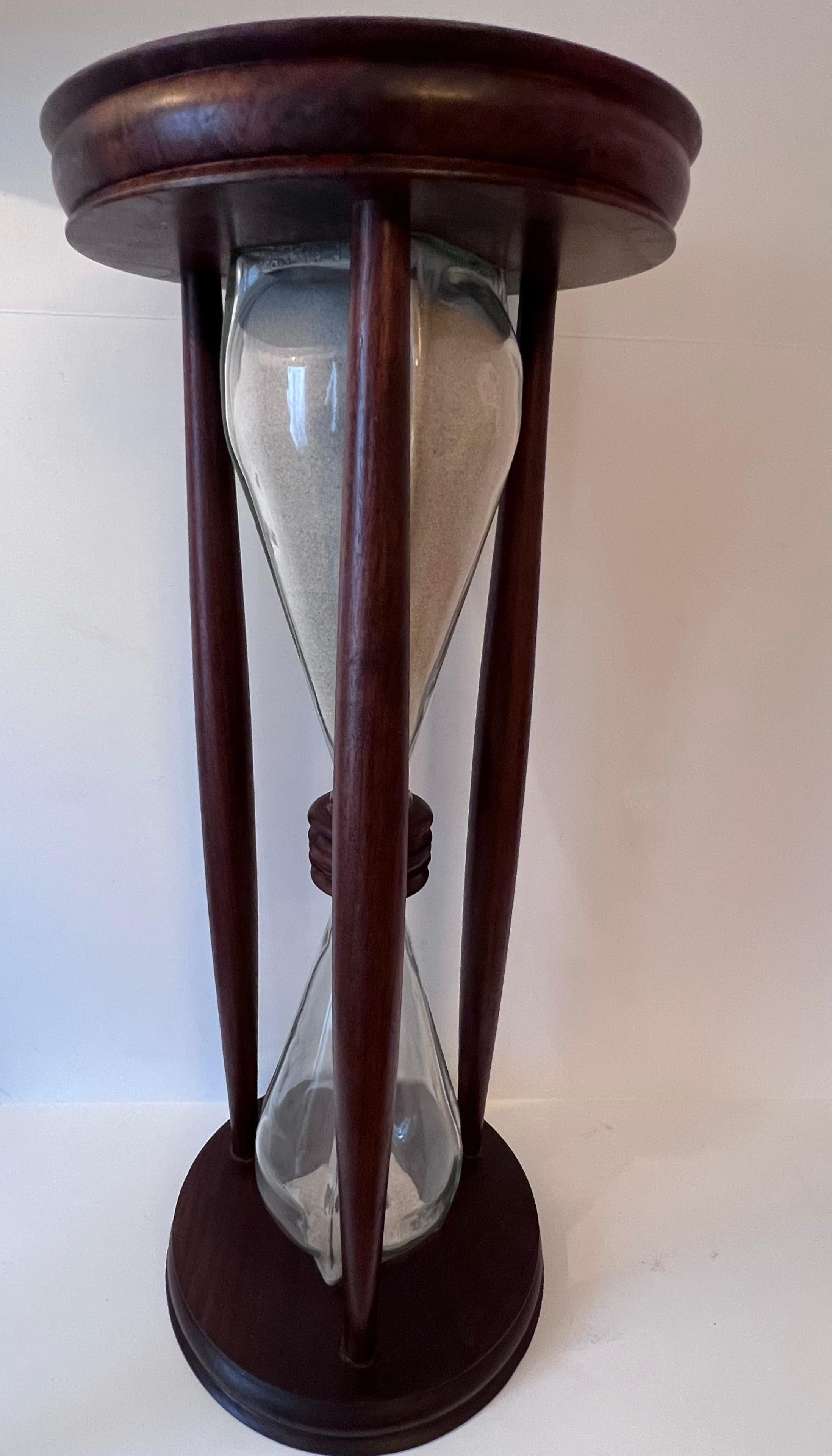 Patinated Wooden Hour Glass or Sand Timer with Hand Blown Glass For Sale