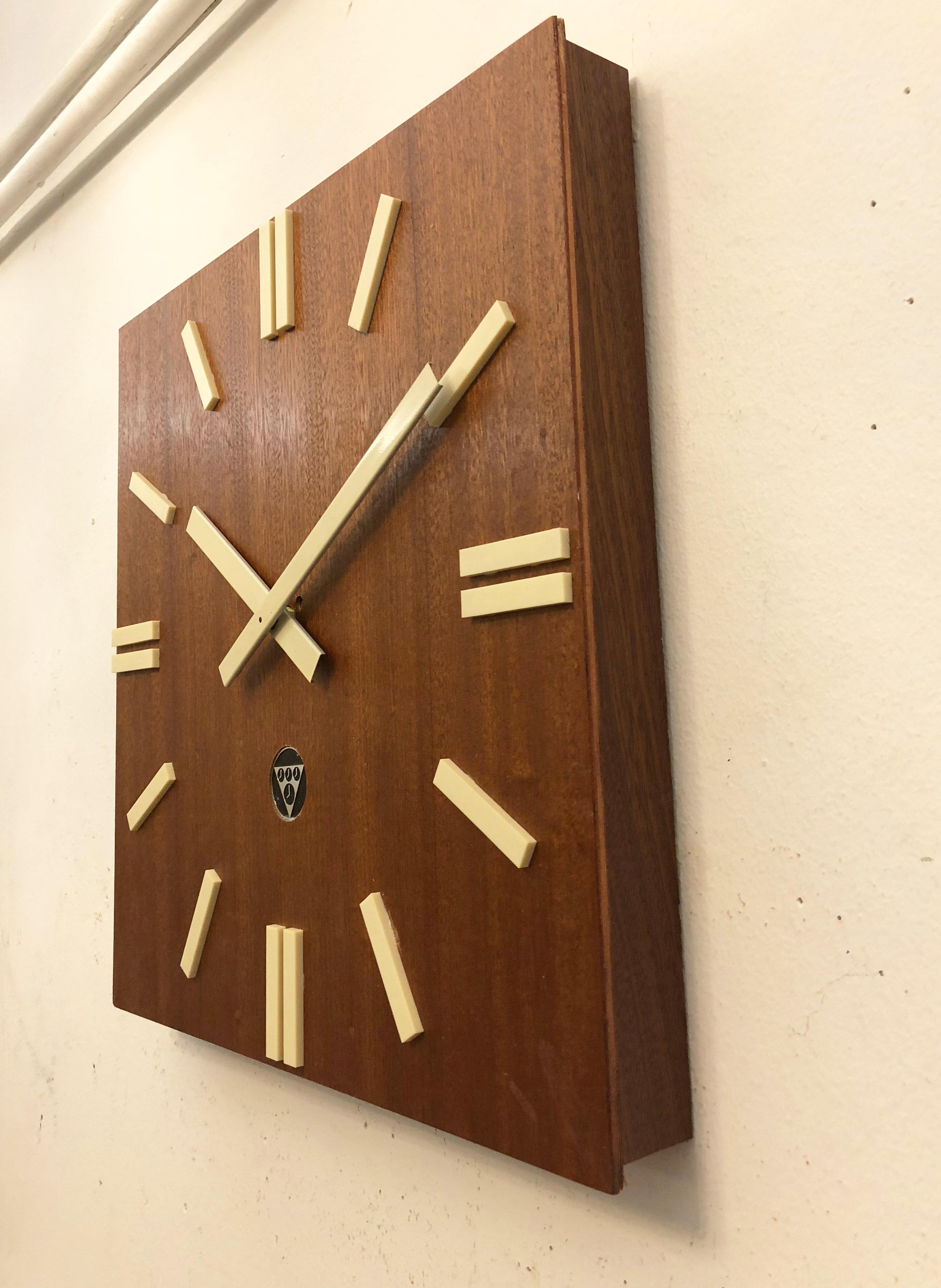 Late 20th Century Wooden Industrial Factory Wall Clock by Pragotron