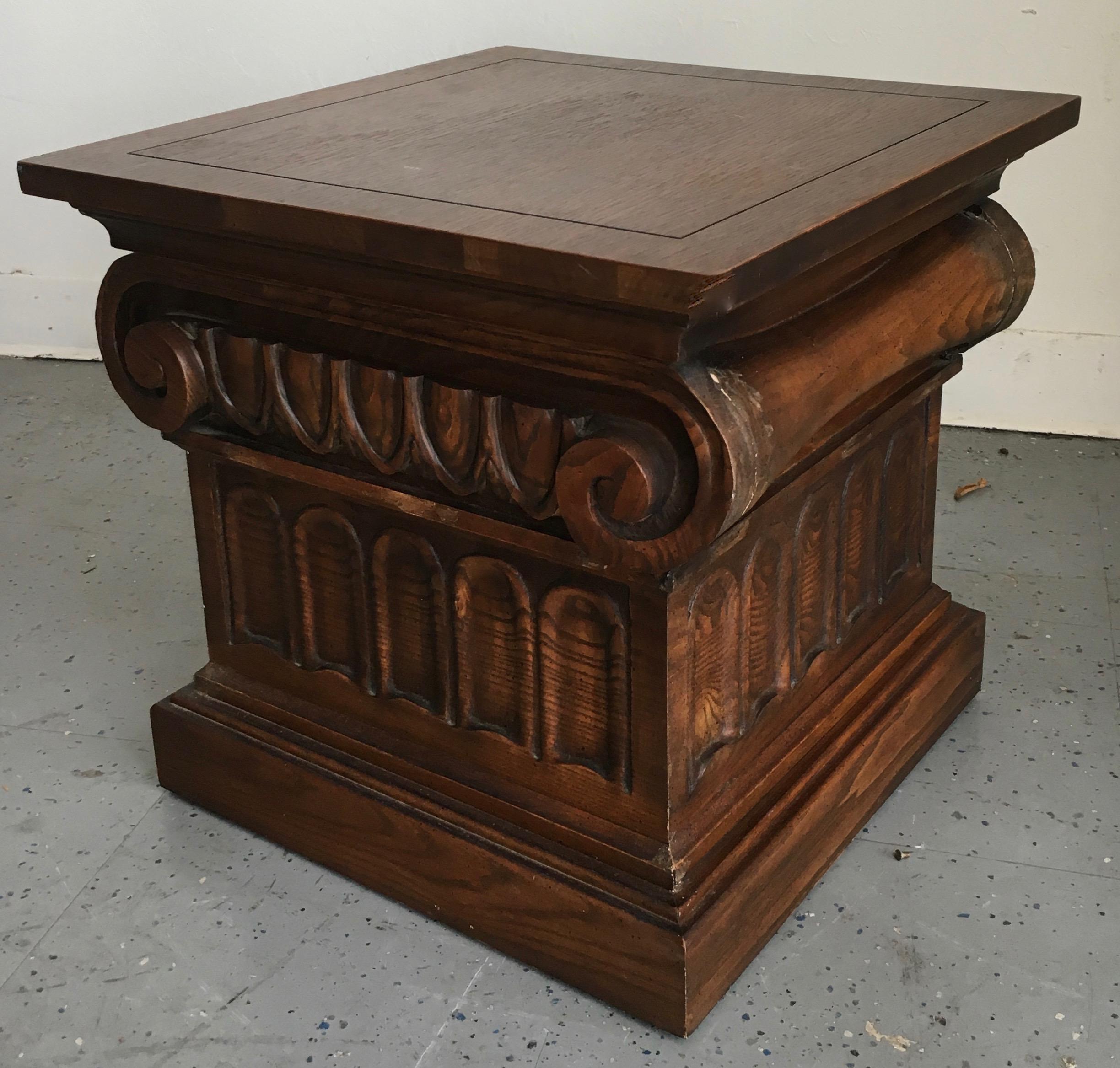Simple and handsome dark wood side / cigar table with ionic column carved relief - perfect for any room, from den - child’s room or covered outdoor area. The piece can be used as a table or additional seating - with a square cushion a great and