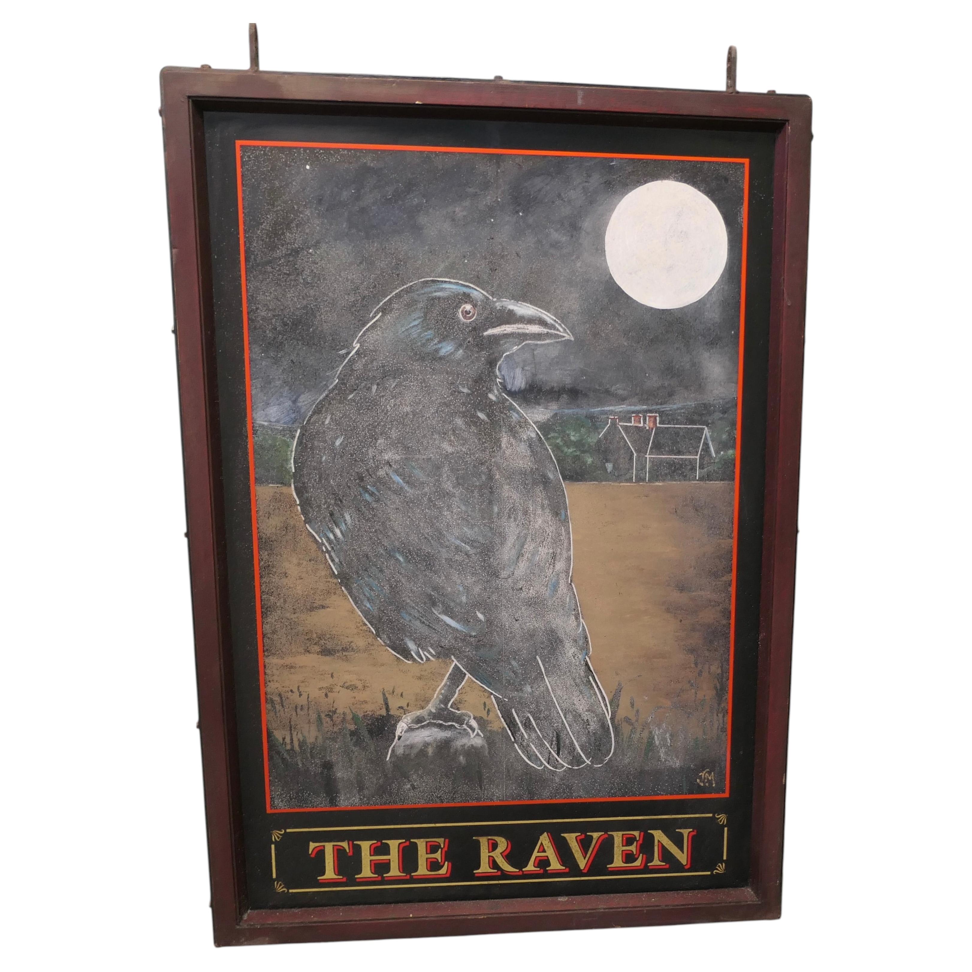 Wooden Iron Framed Hanging Pub Sign. The Raven