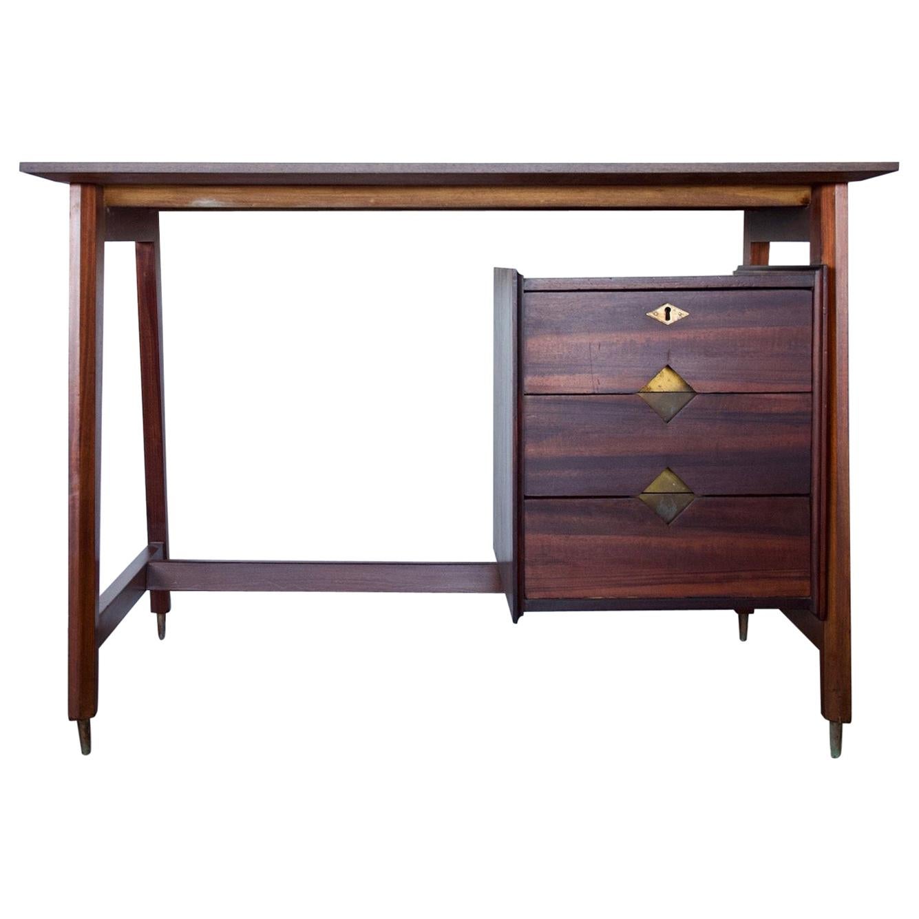 Rare Restored Italian Executive Desk in Walnut with Brass Details at
