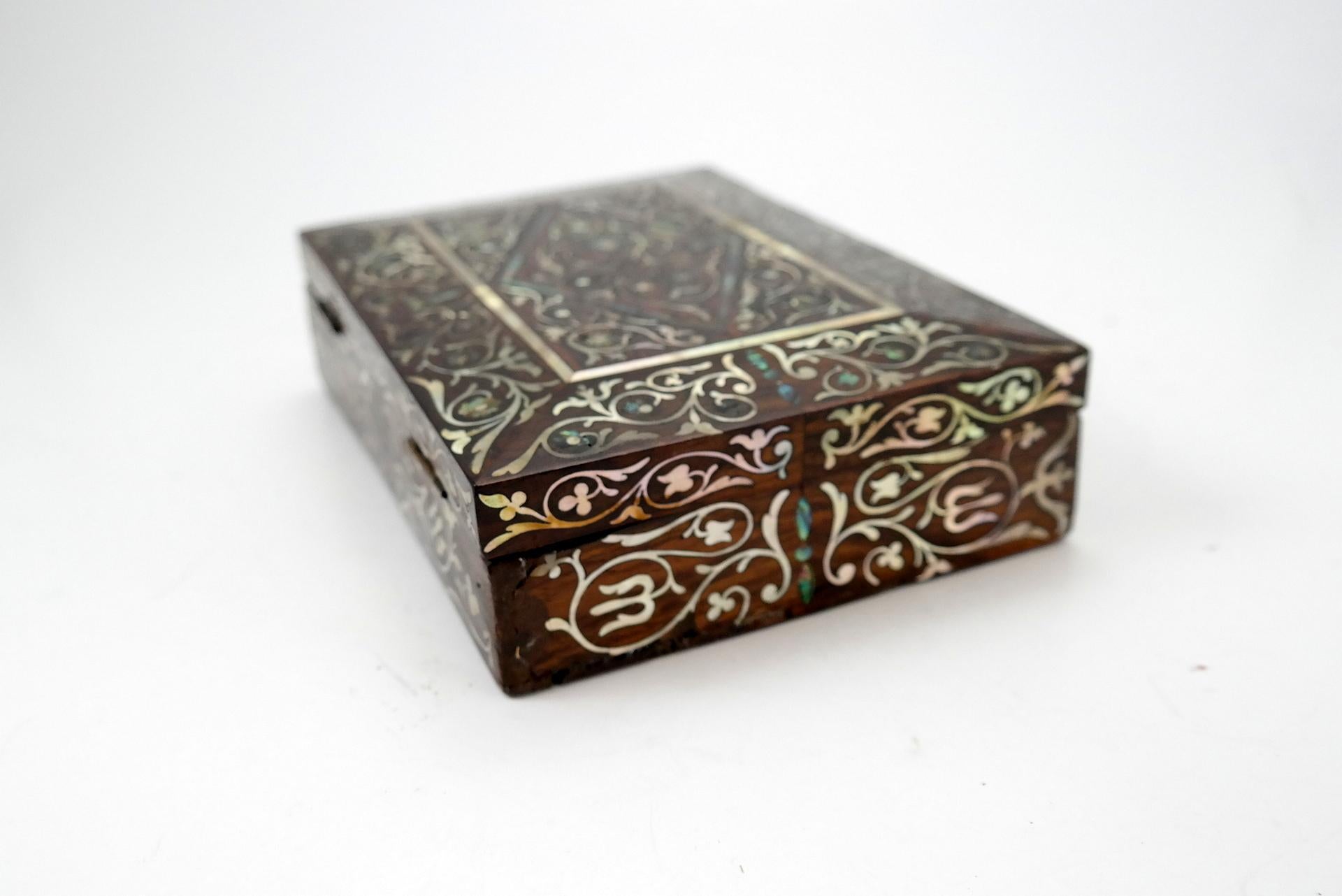 European Wooden Jewelry/Trinket Box with Mother of Pearl Inlay, 19th Century