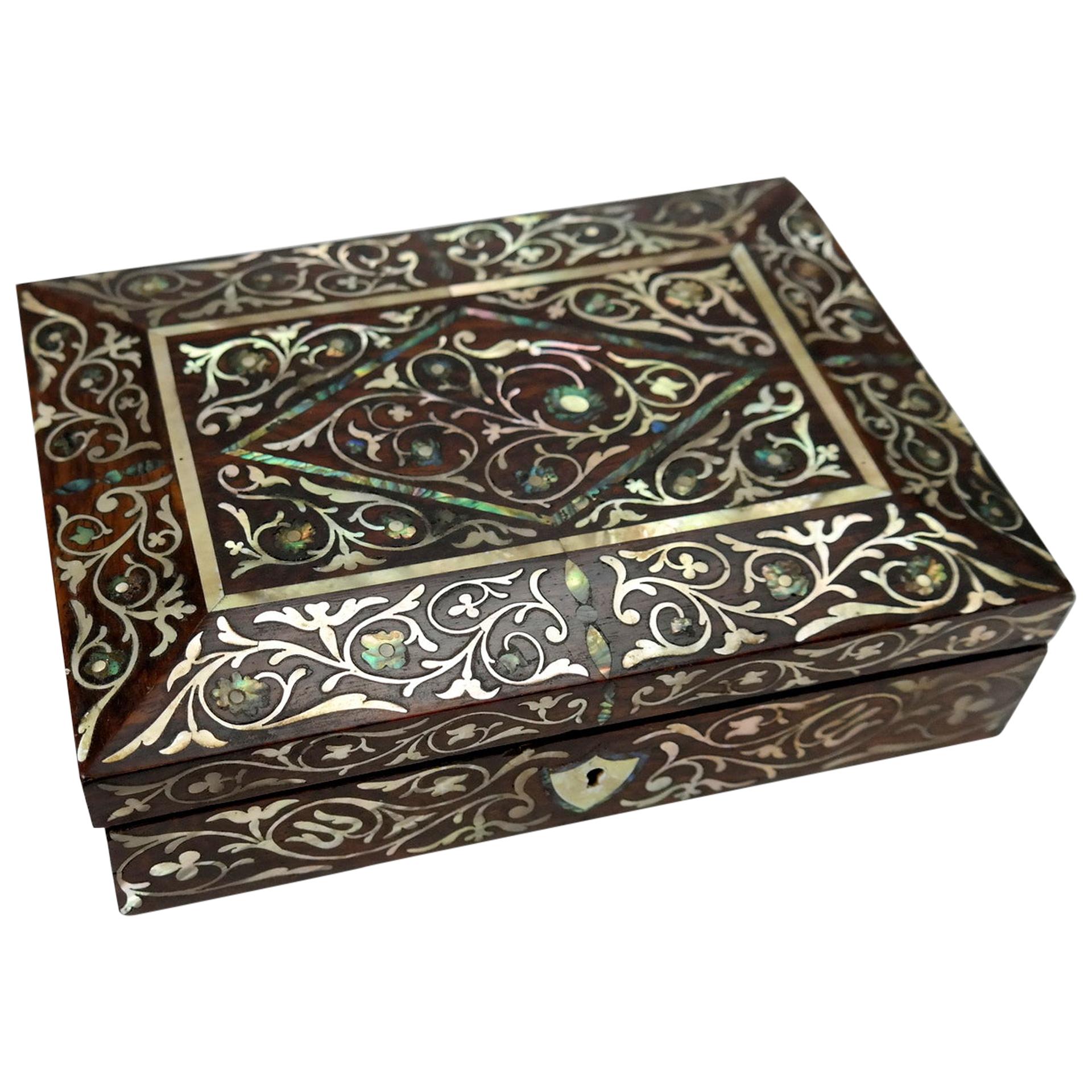Wooden Jewelry/Trinket Box with Mother of Pearl Inlay, 19th Century