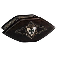 Wooden jewelry box with silver coat-of-arms appliqué and velvet interior