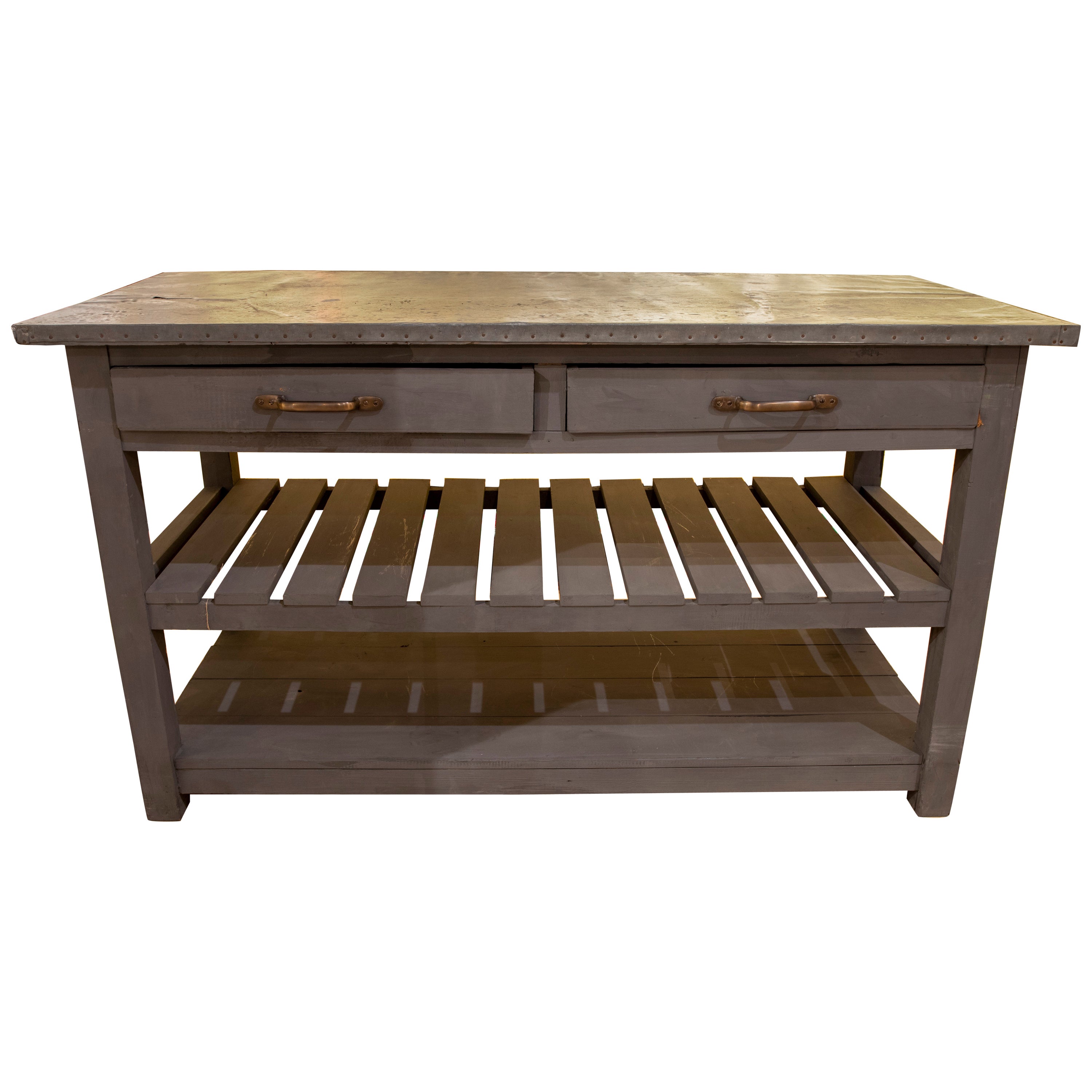 Mesa de cocina de madera con tablero metálico, cajones y dos estantes inferiores en venta