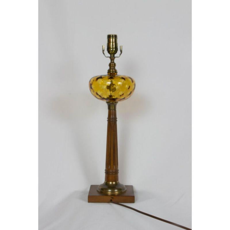 American Wooden Lamp with Amber Glass Font For Sale
