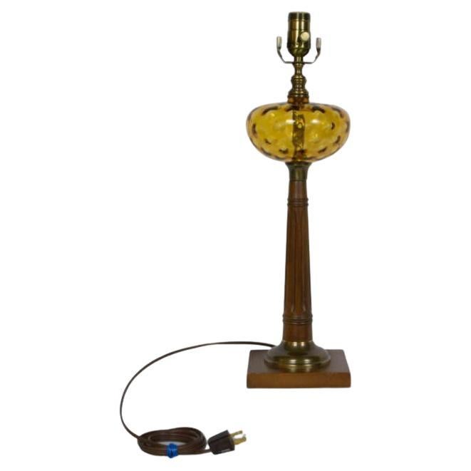 Wooden Lamp with Amber Glass Font For Sale
