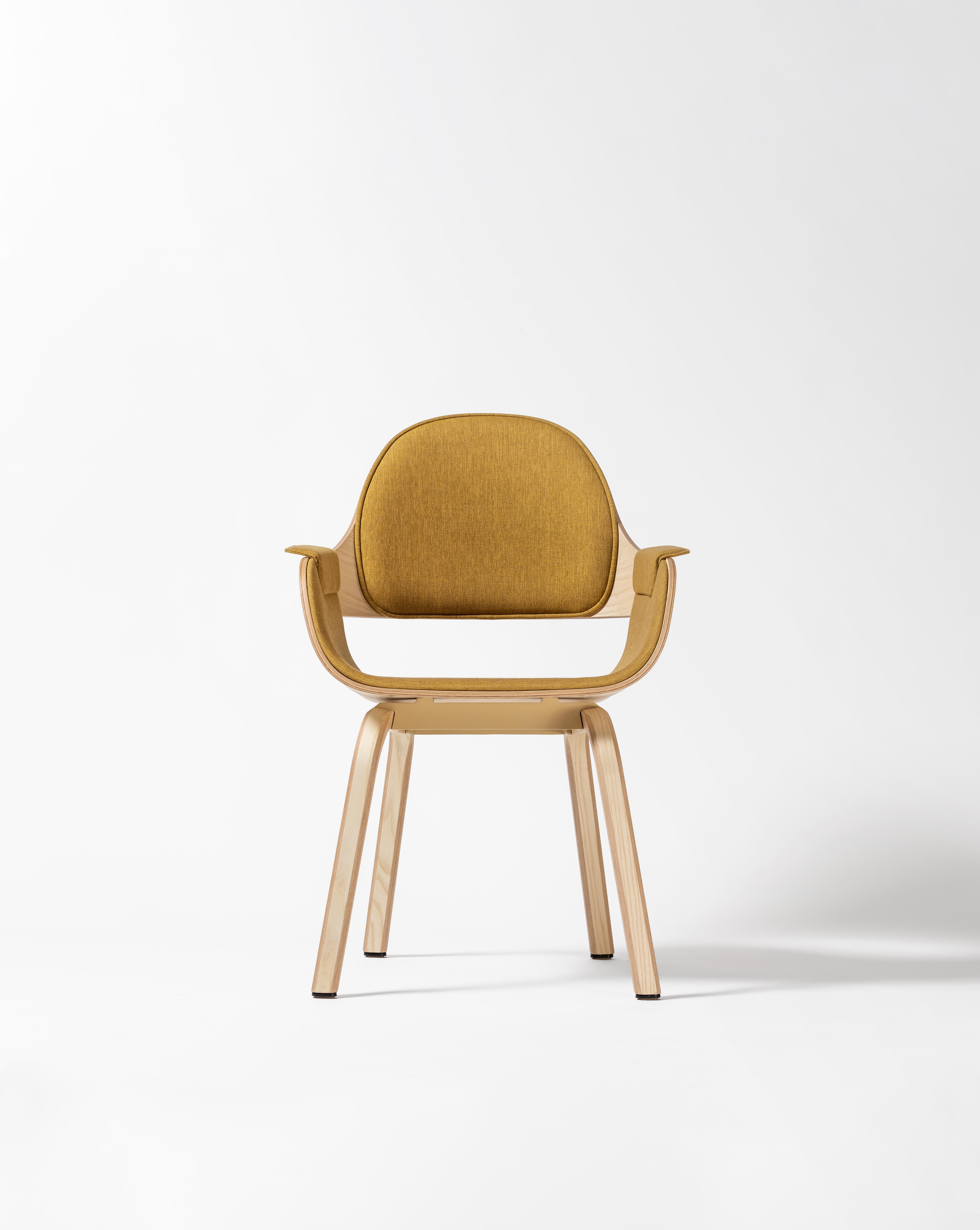Wooden legs showtime chair by Jaime Hayon 
Dimensions: D 55 x W 55 x H 86 cm 
Materials: powder coated steel or aluminium structure. Legs, seat and backrest in plywood with exteriors in natural ash, walnut or ash stained black. Metallic decorative