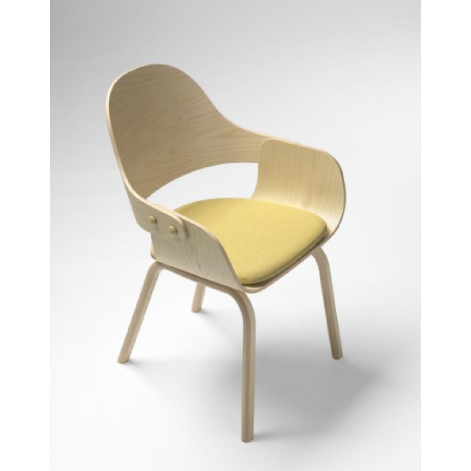 Wooden legs showtime nude beige by Jaime Hayon 
Dimensions: D 55 x W 55 x H 86 cm 
Materials:Legs, seat, and backrest in plywood with exteriors in natural ash, walnut, or ash stained black. Metallic decorative buttons. Seat cushion, interior seat