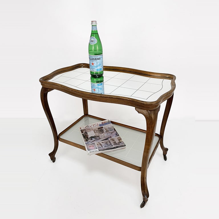 European Wooden Louis XV Style Bar Trolley with Mirror Top and Glass, France, circa 1930 For Sale