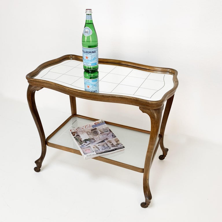 Wooden Louis XV Style Bar Trolley with Mirror Top and Glass, France, circa 1930 For Sale 3