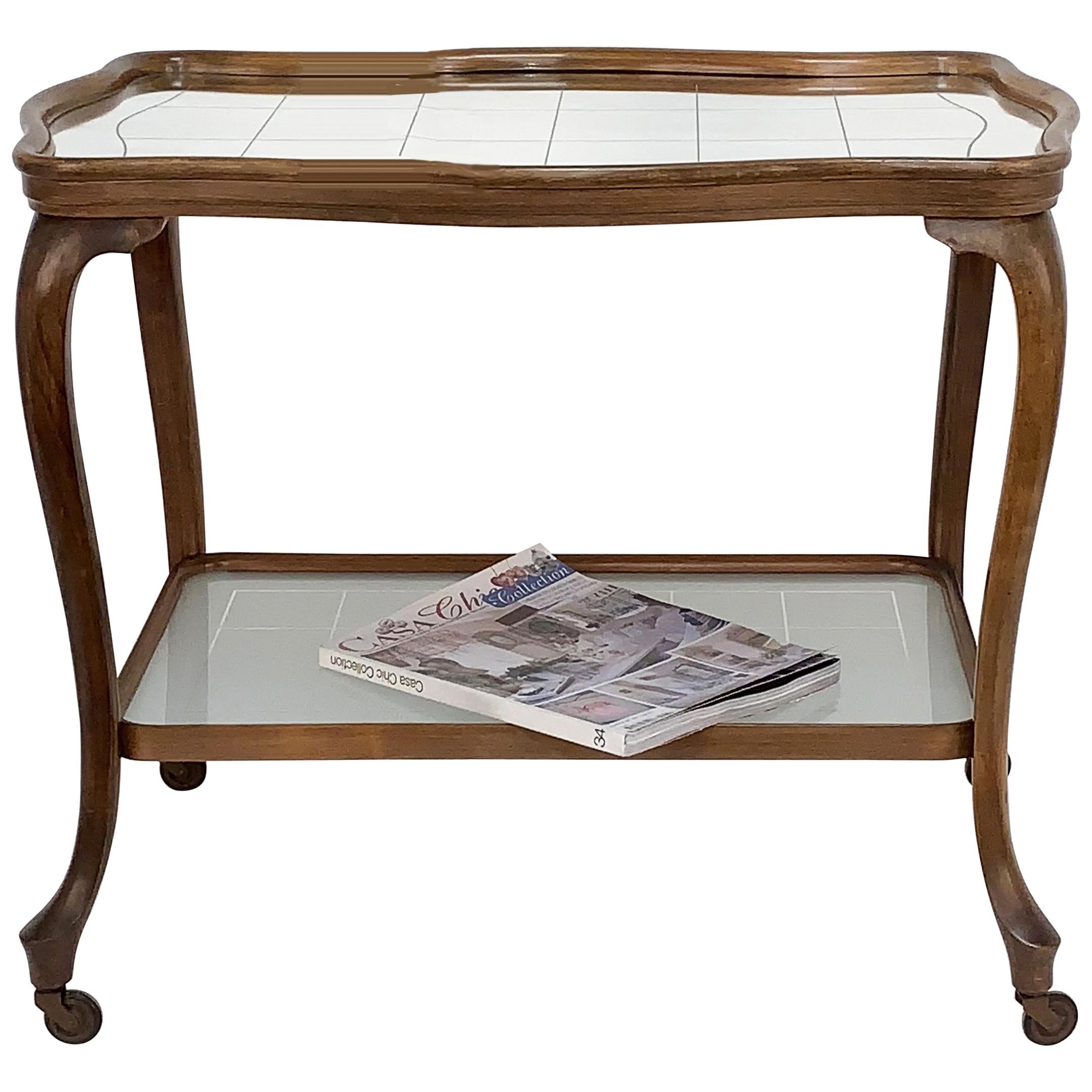 Wooden Louis XV Style Bar Trolley with Mirror Top and Glass, France, circa 1930