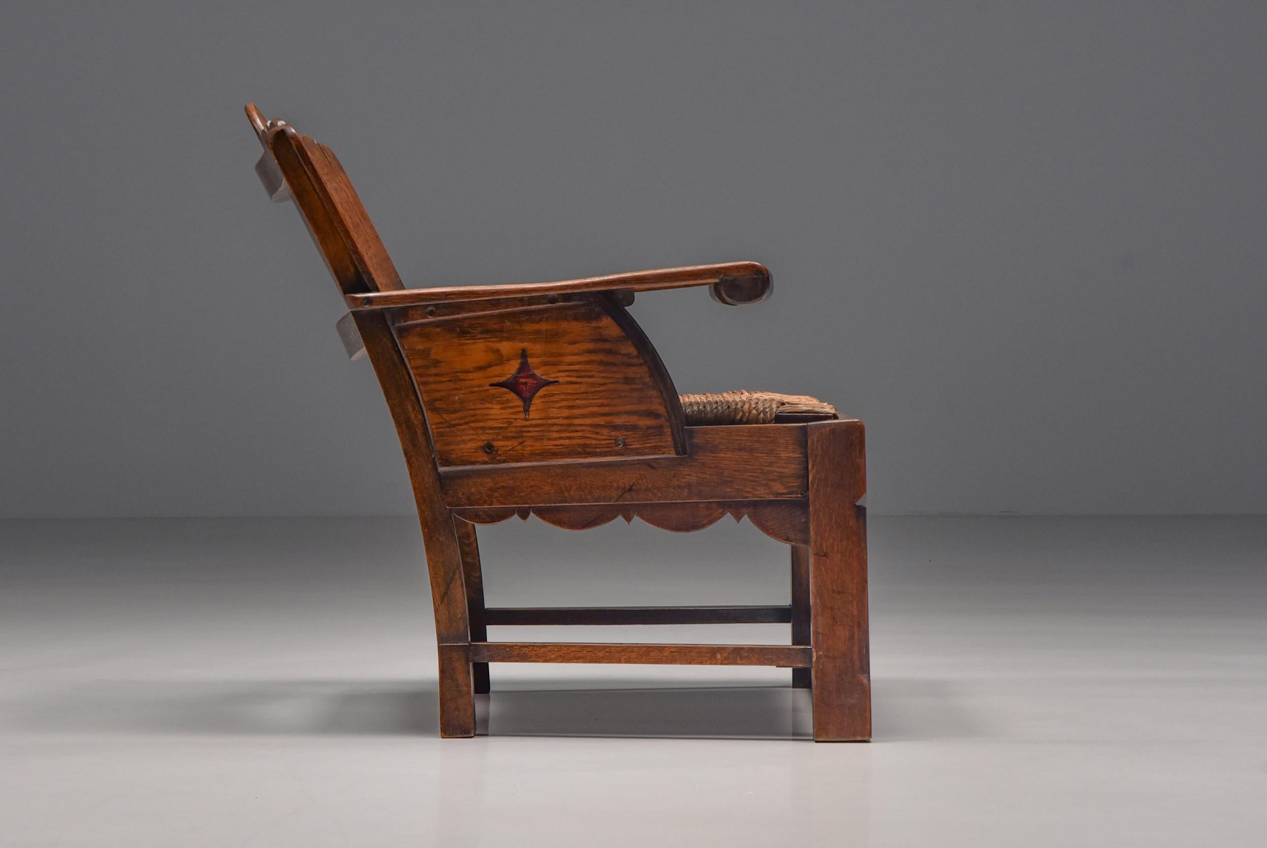 Arts and Crafts Rustic Folk Art Lounge Chair, UK, 1920s en vente