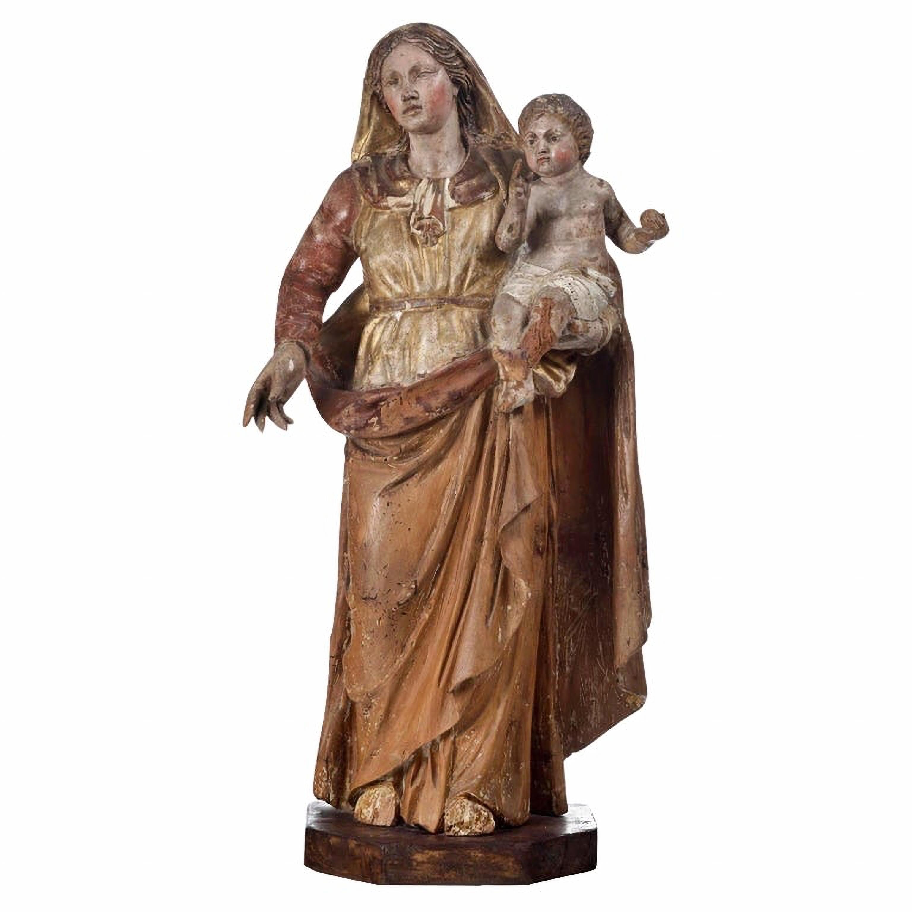 Wooden Madonna with Child Baroque Art Italy 17th Century with Export Certificate In Good Condition For Sale In Madrid, ES