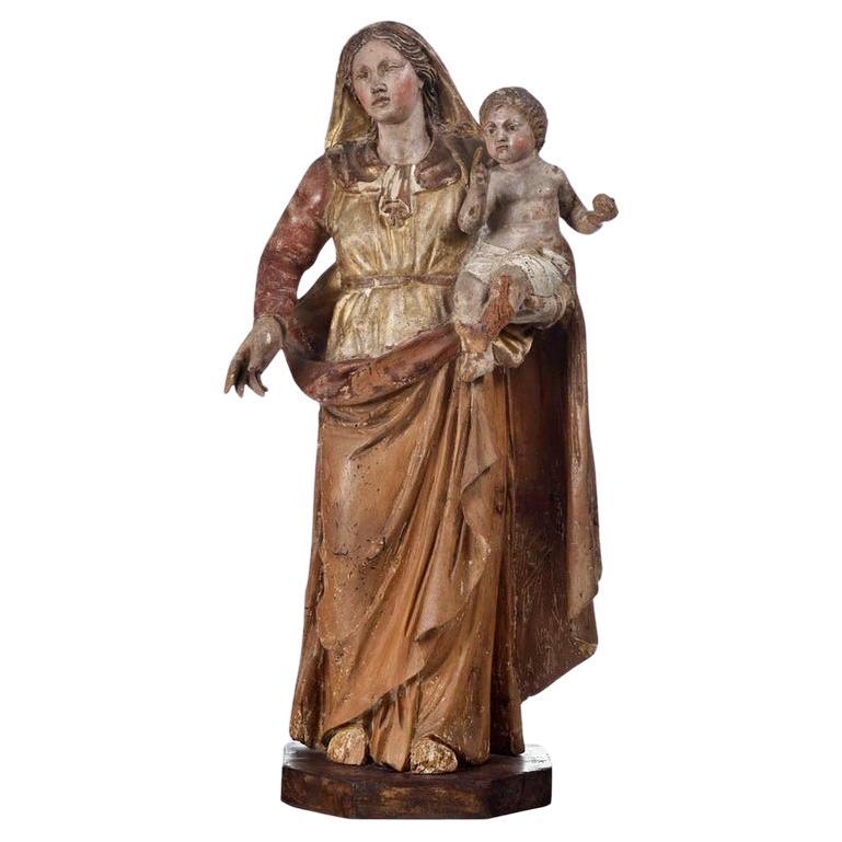 Wooden Madonna with Child Baroque Art Italy 17th Century with Export Certificate For Sale