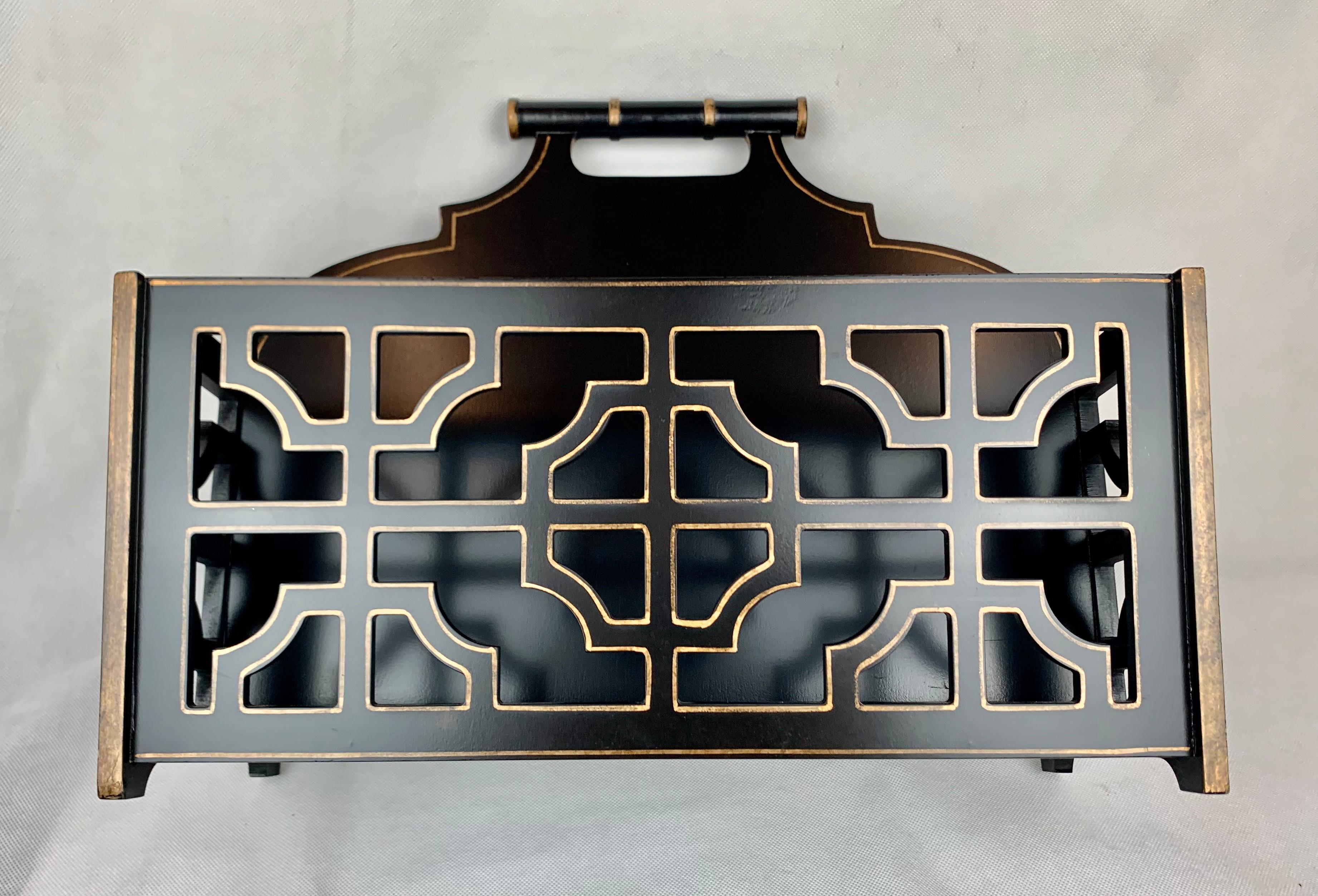 Faux Bamboo Handled Magazine Holder in Black with Gilt Edging and Fret Work  In Good Condition In West Palm Beach, FL