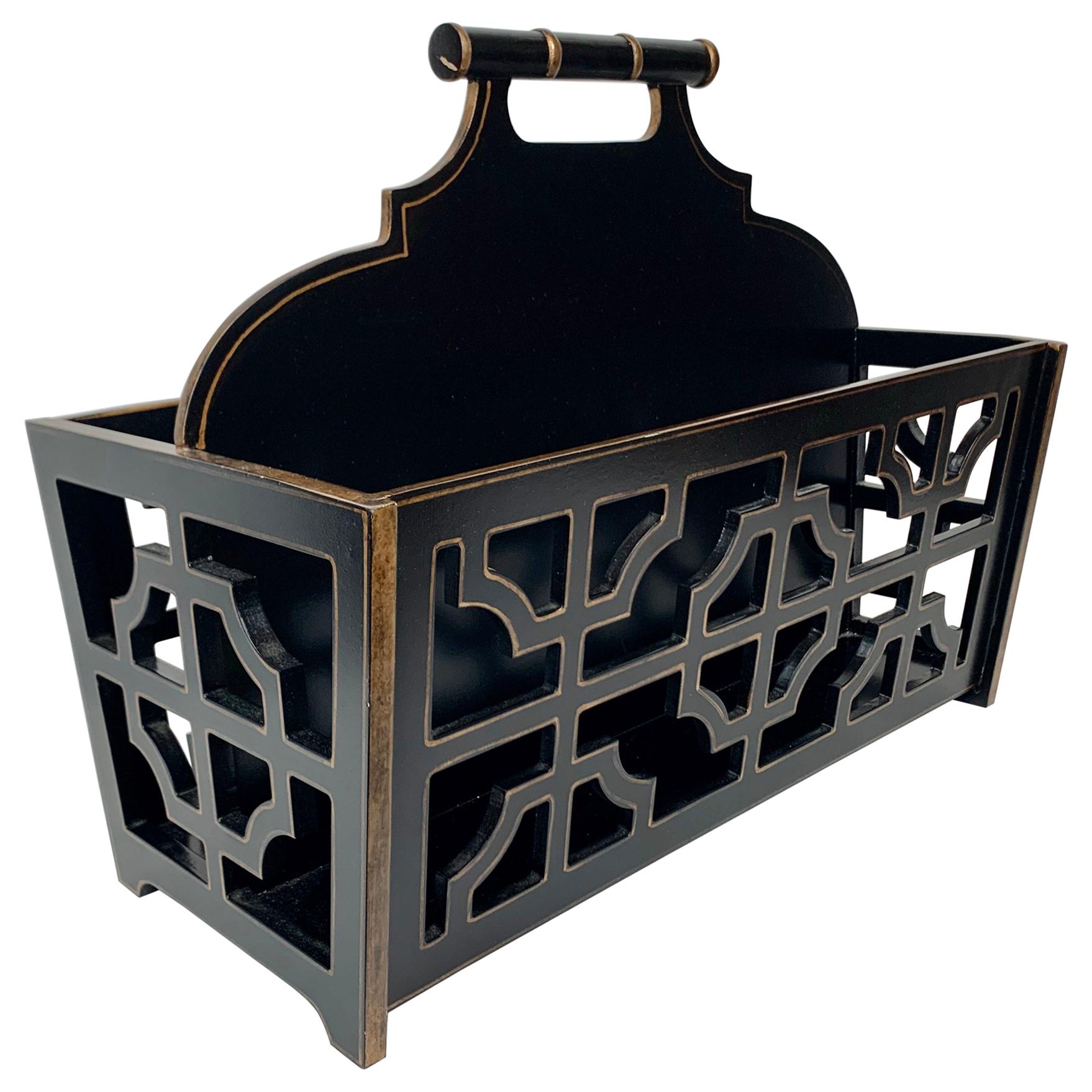 Faux Bamboo Handled Magazine Holder in Black with Gilt Edging and Fret Work 