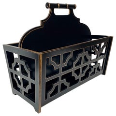 Faux Bamboo Handled Magazine Holder in Black with Gilt Edging and Fret Work