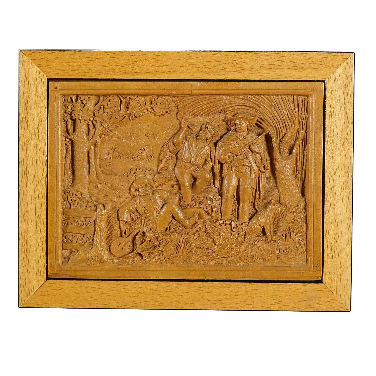 Plaque micro- sculptée en bois de Johann Rint, vers 1880

Une petite plaque murale avec des sculptures en relief détaillées travaillées en bois de tilleul par Johann Rint vers 1880. 1880. Représentant probablement une scène d'après des récits de