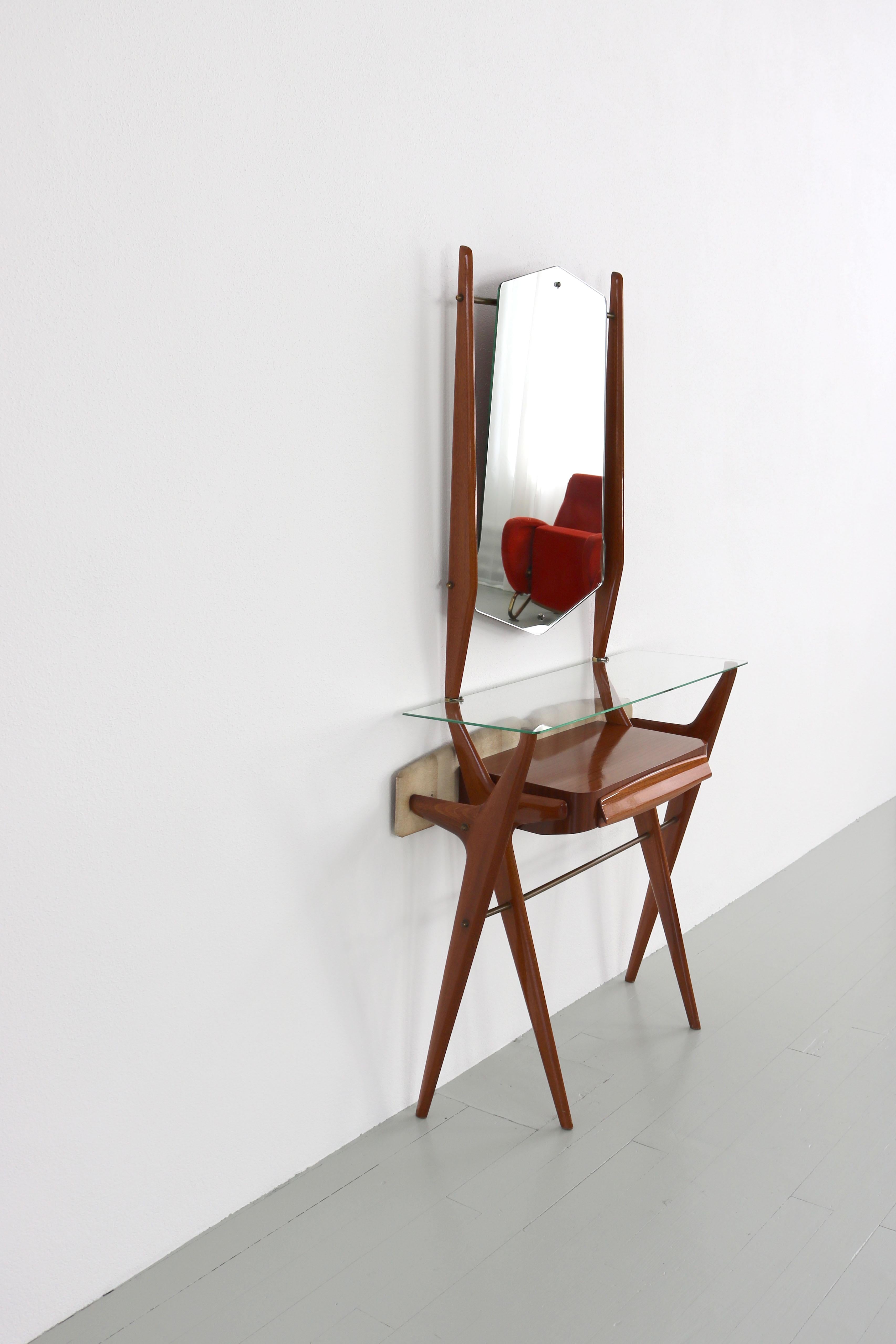 Mid-Century Modern Wooden Midcentury Console with Mirror, Italy, 1950