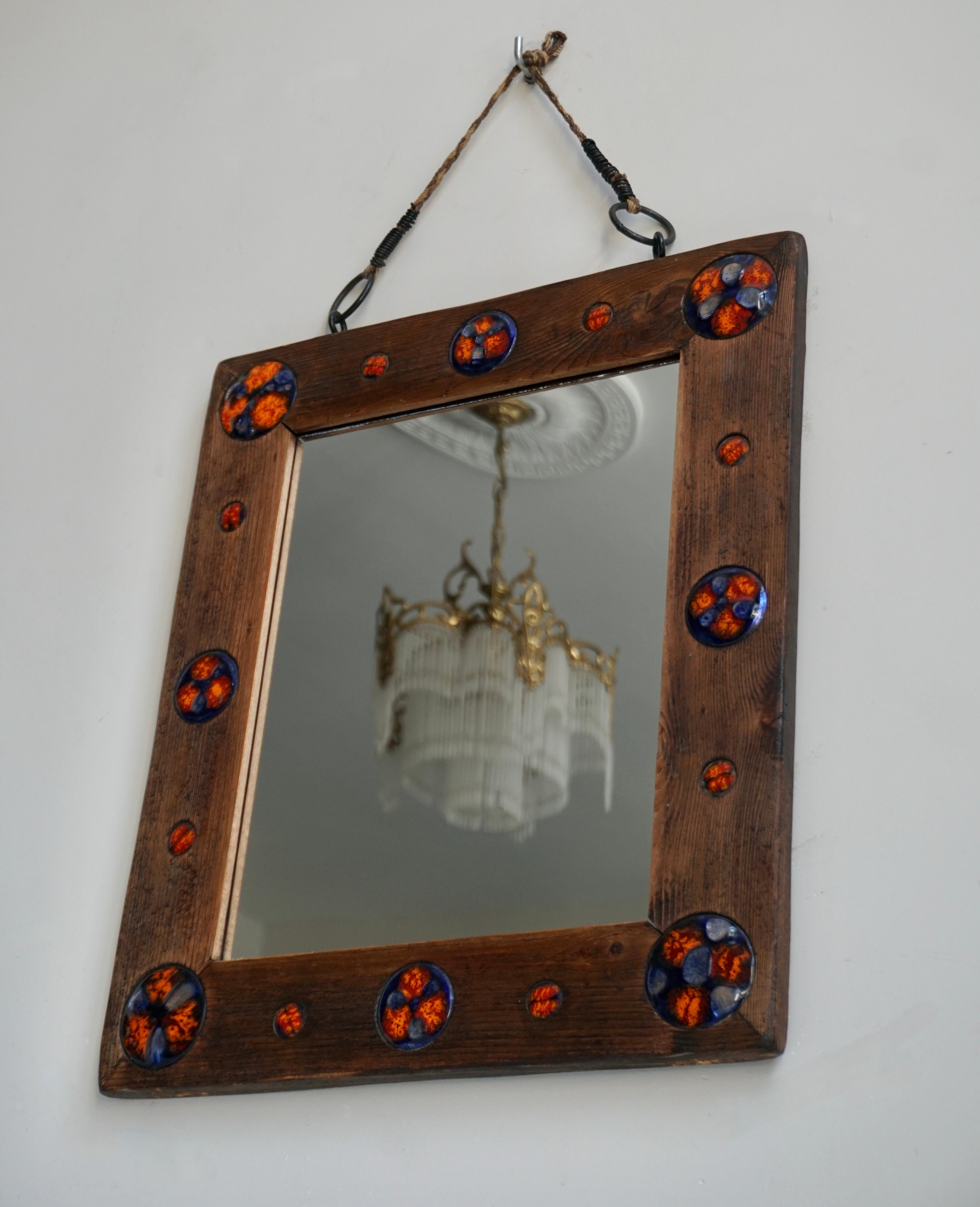 Mid-Century Modern Wooden Mirror with Enamel Decorations For Sale