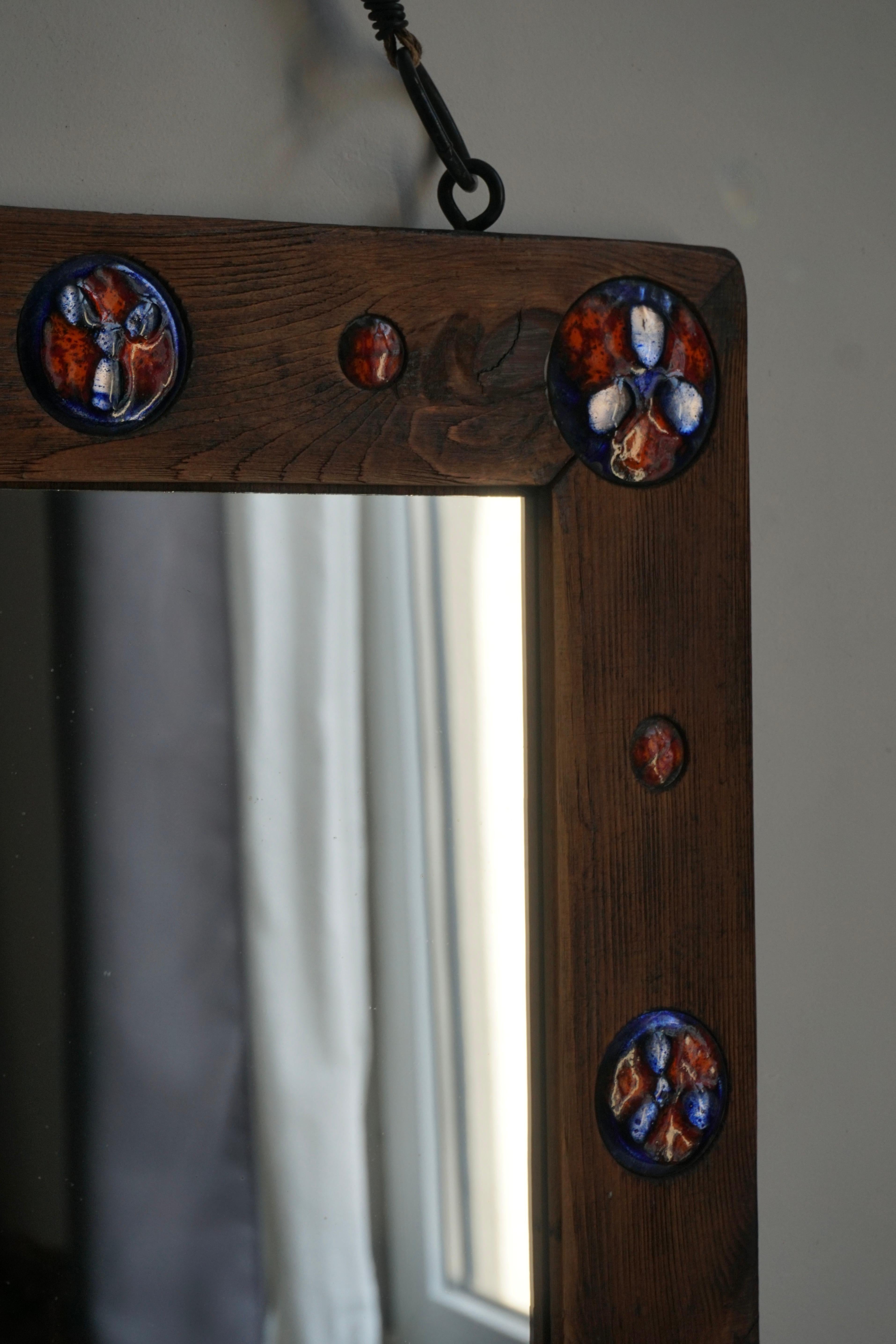 Hand-Crafted Wooden Mirror with Enamel Decorations For Sale