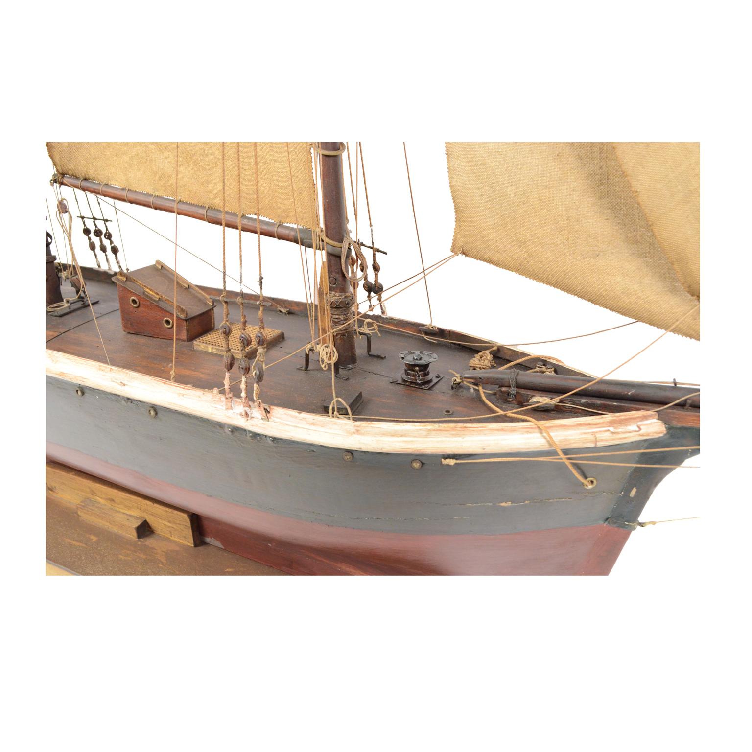 Vintage Wooden Sailing Model of a Schooner, Early 1900s 3