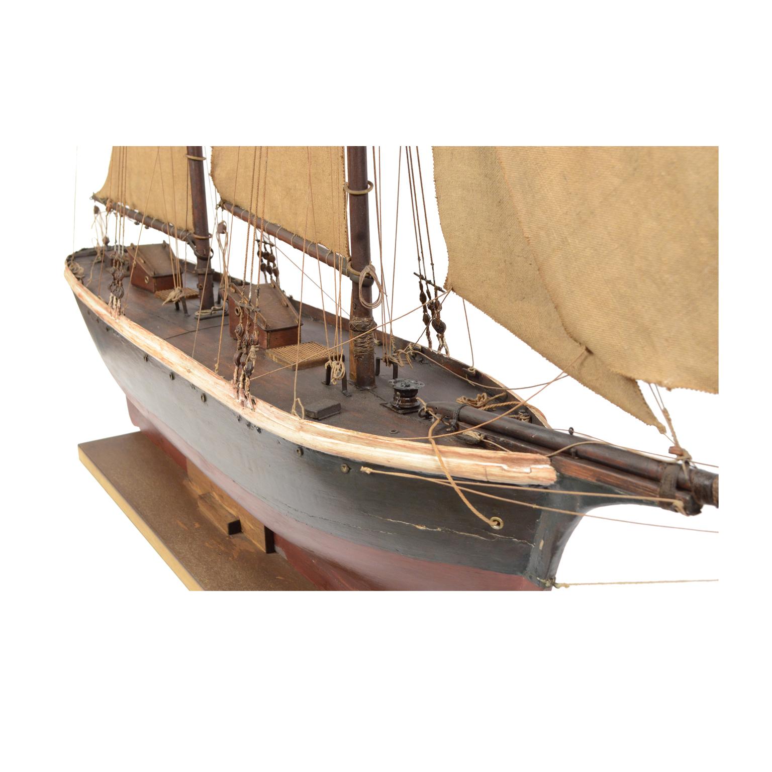 Vintage Wooden Sailing Model of a Schooner, Early 1900s 4
