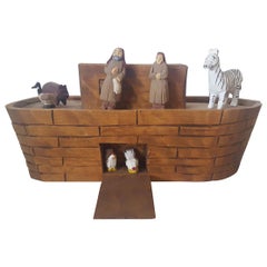 Vintage Wooden Model or Toy, of Noah's Ark, with Noah, His Wife Naamah, and Some Animals