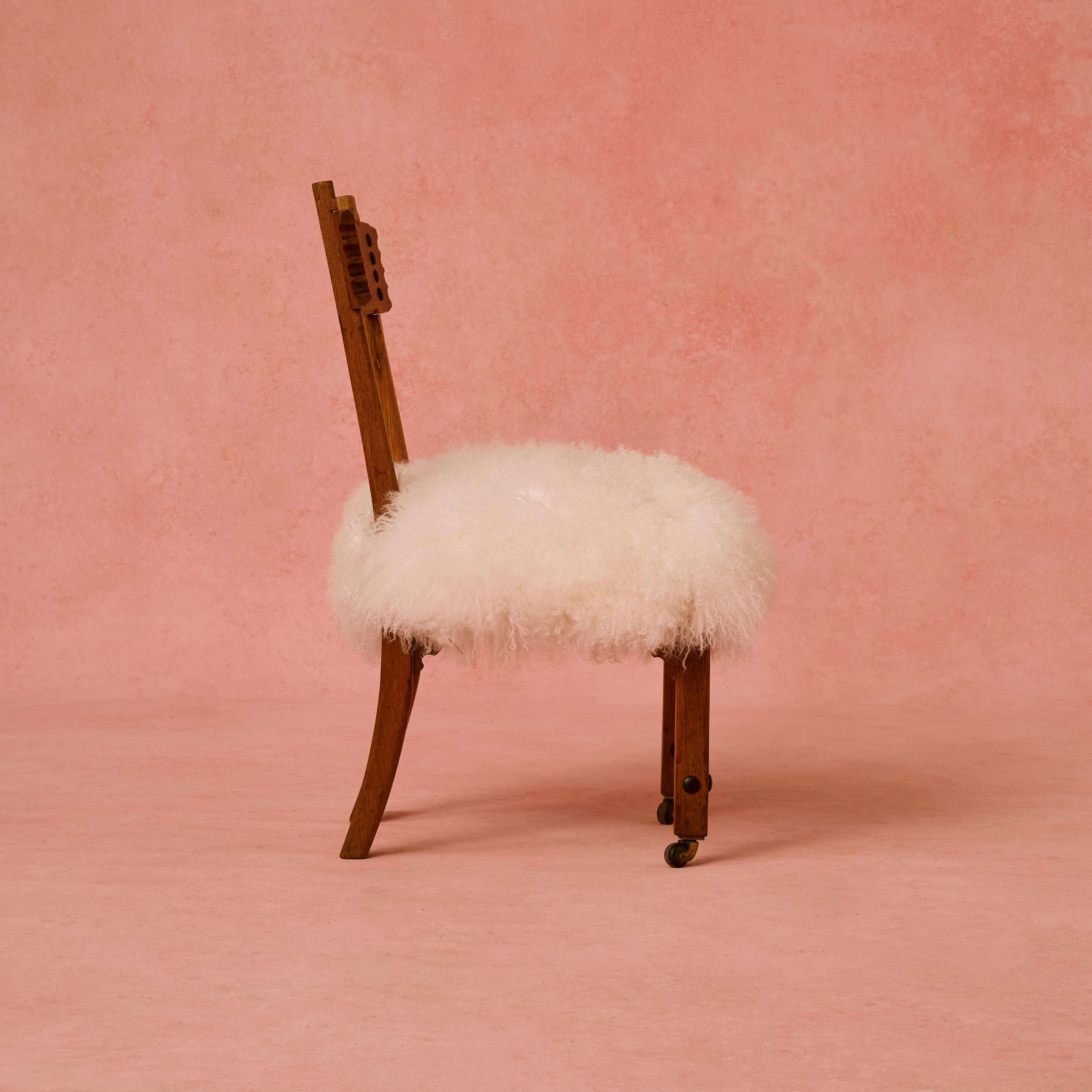 Wooden Mongolian Sheepskin Chair In Excellent Condition In London, England