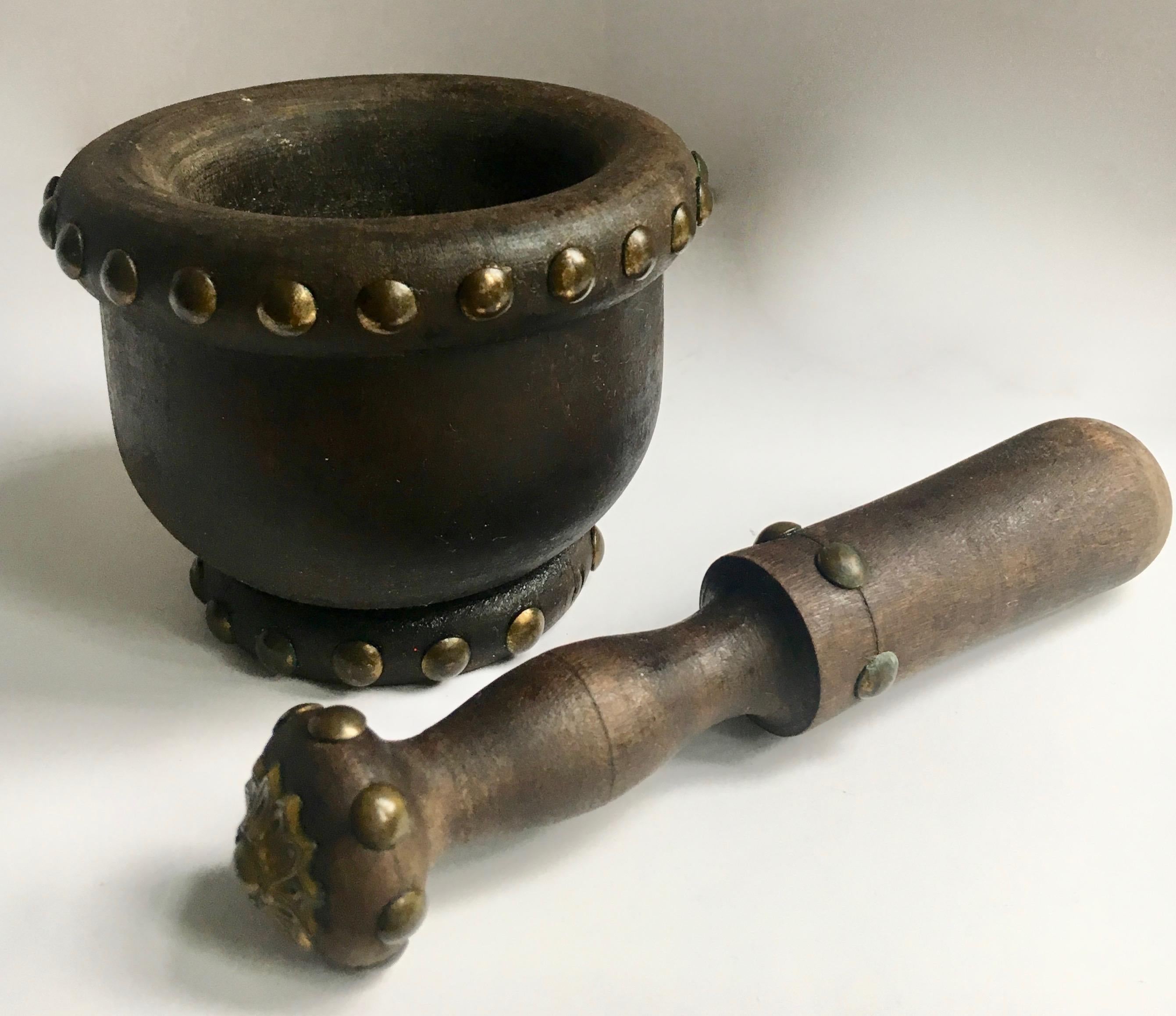 Mid-Century Modern Wooden Mortar and Pestle with Nail Studs For Sale