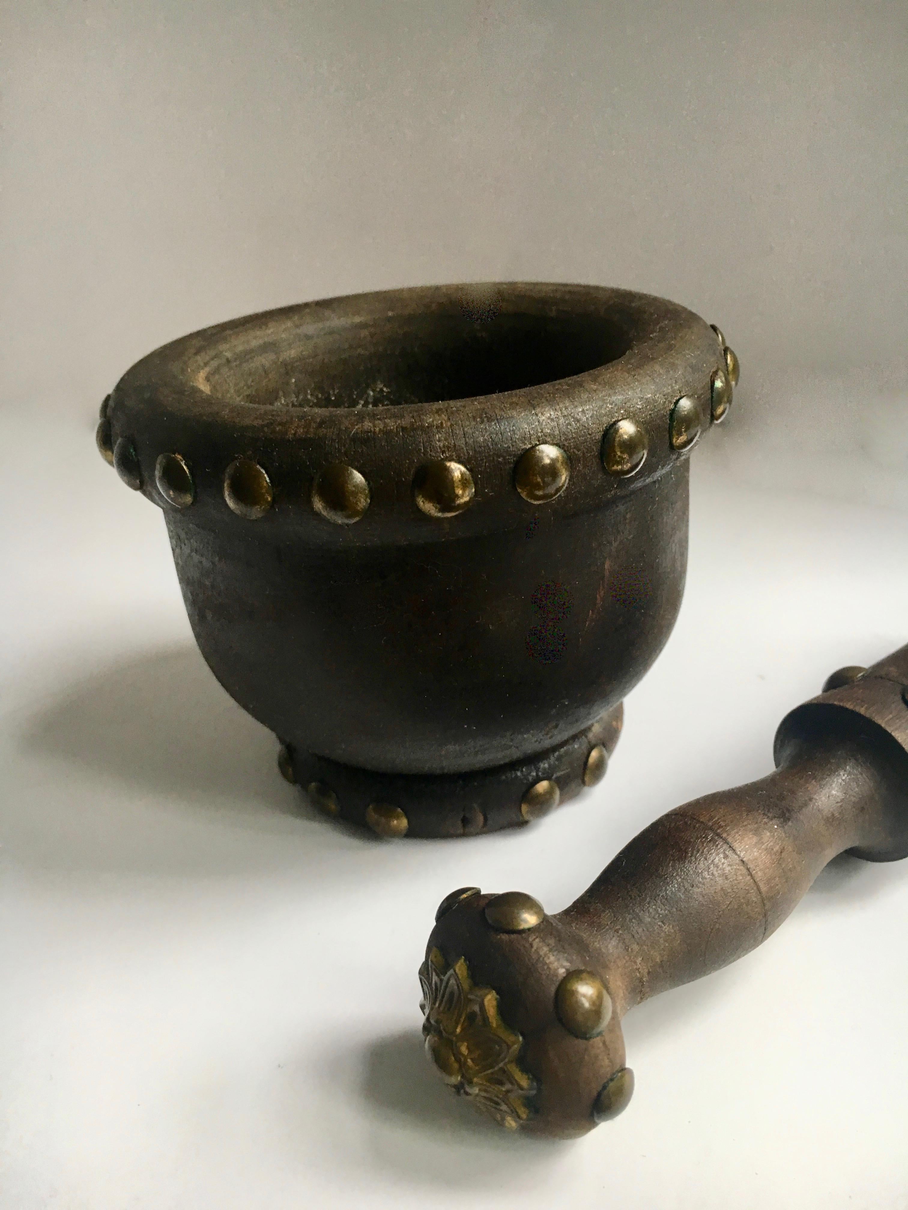 Wooden Mortar and Pestle with Nail Studs In Good Condition For Sale In Los Angeles, CA