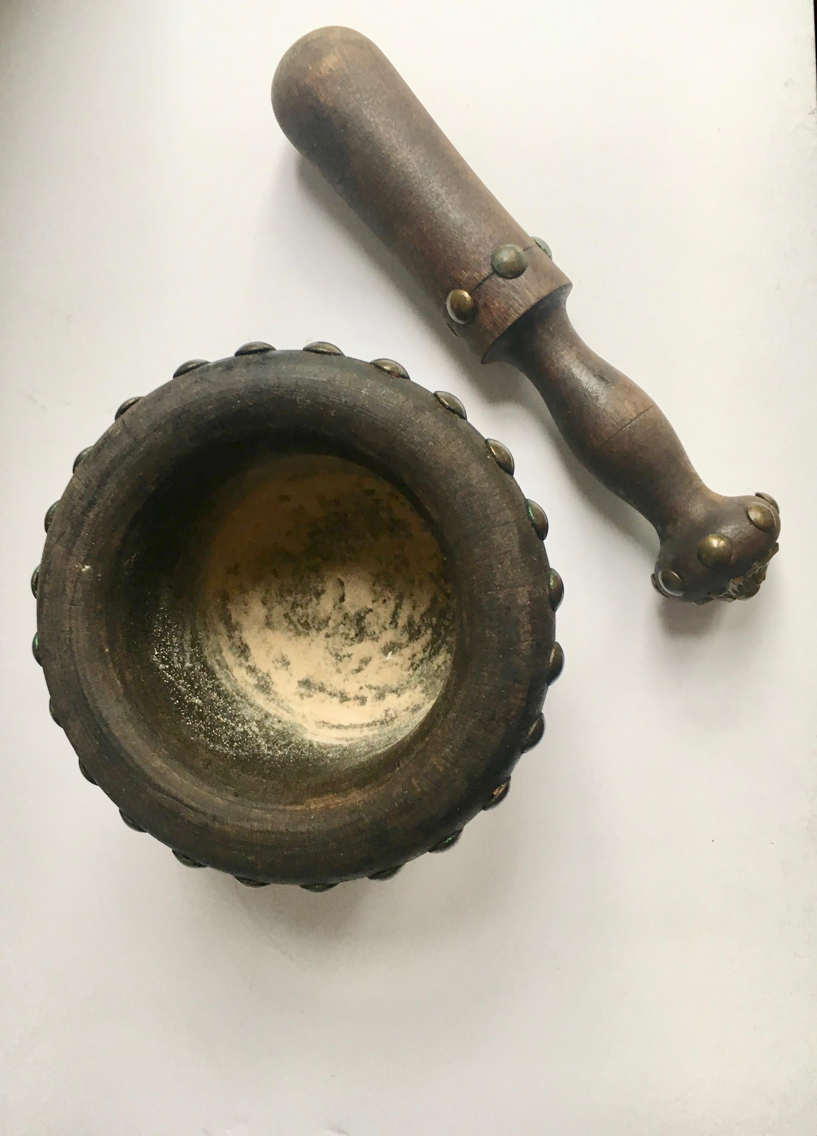 20th Century Wooden Mortar and Pestle with Nail Studs For Sale