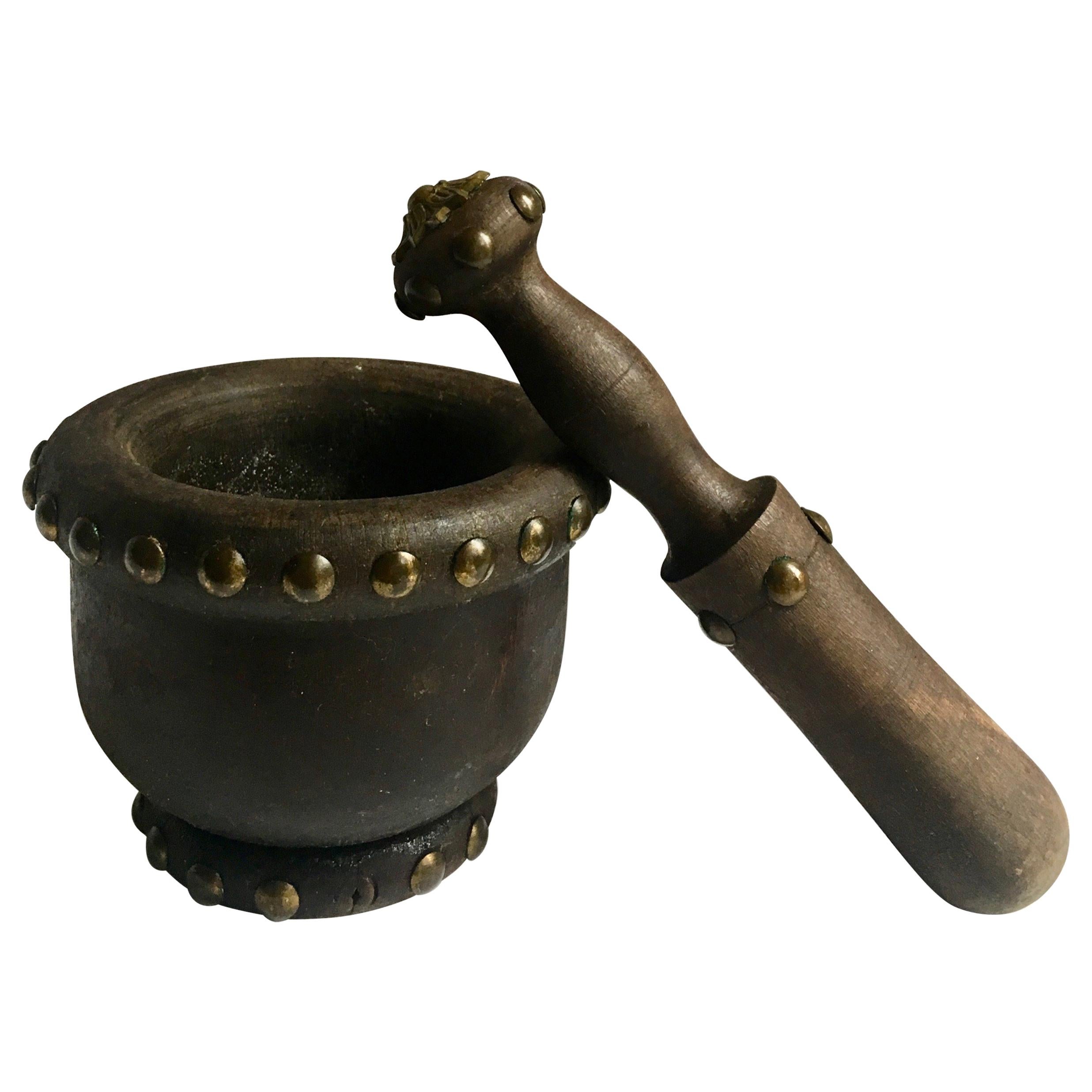 Wooden Mortar and Pestle with Nail Studs For Sale