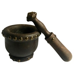Vintage Wooden Mortar and Pestle with Nail Studs