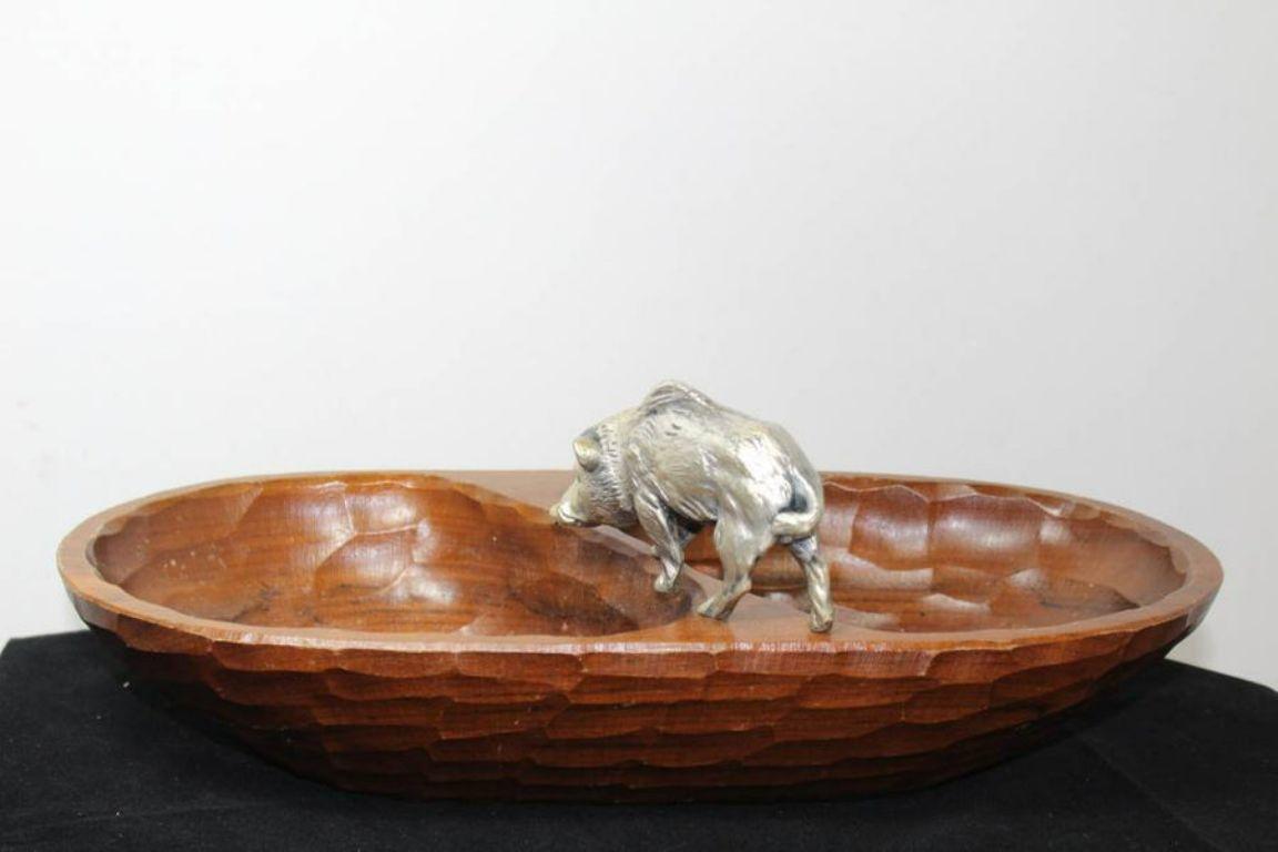 Mid-Century Modern Wooden Nut Box with Silver Plated Wild Boar For Sale