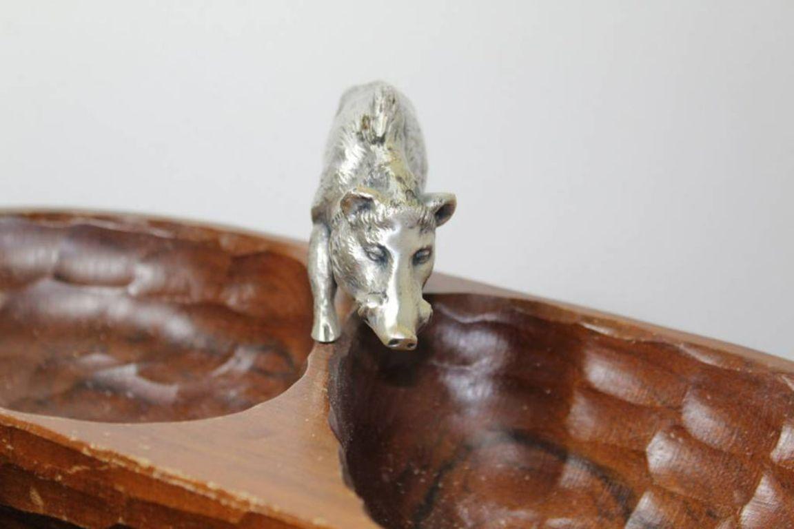 German Wooden Nut Box with Silver Plated Wild Boar For Sale