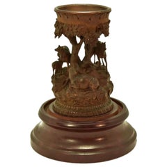 Antique Wooden Object Carved with Deer in the 19th Century Black Forest Style