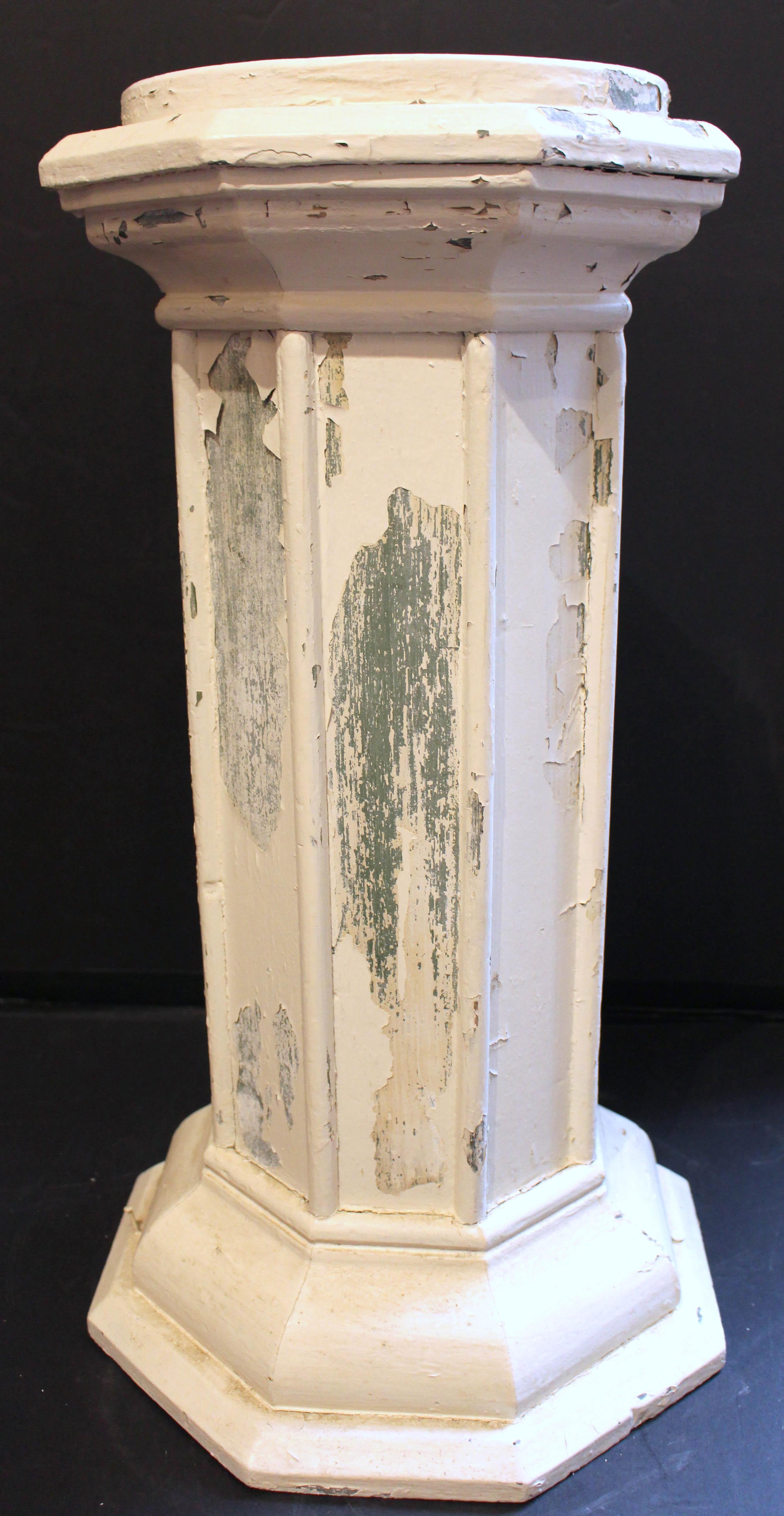 Wooden octagonal form display column pedestal, vintage, American. Charming layers of old, worn paint. Nicely molded.
12