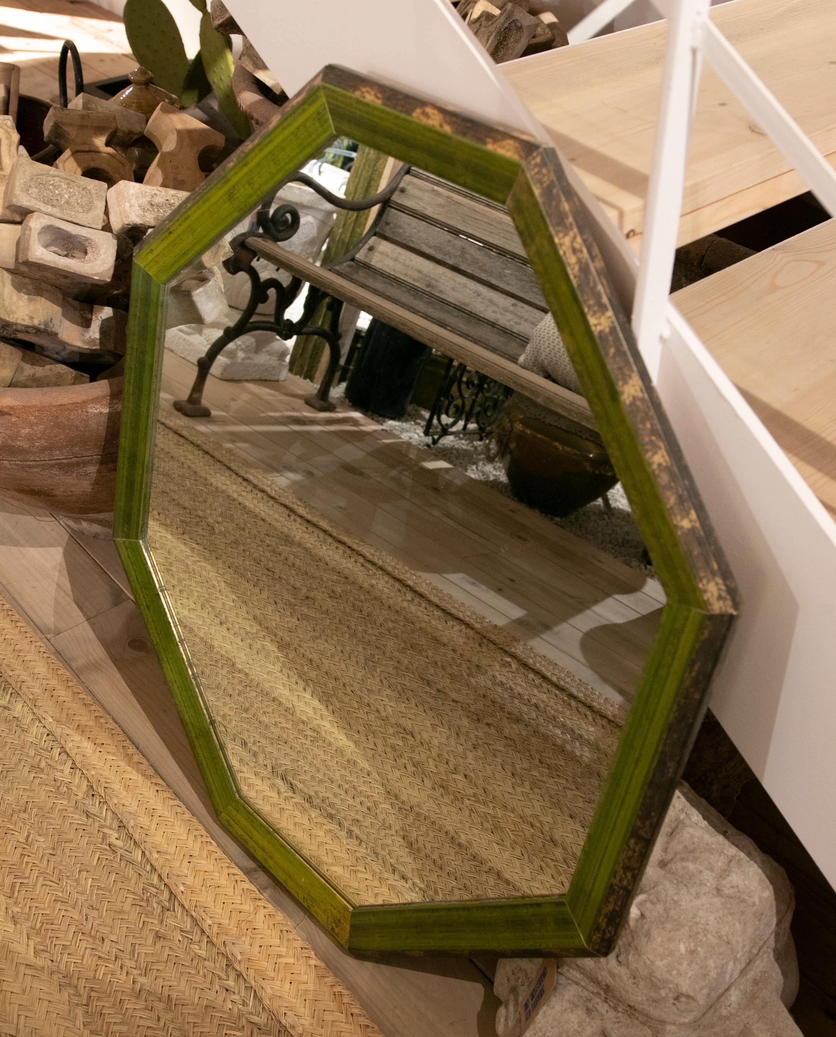 20th Century Wooden Octagonal Wall Mirror Painted in Green For Sale