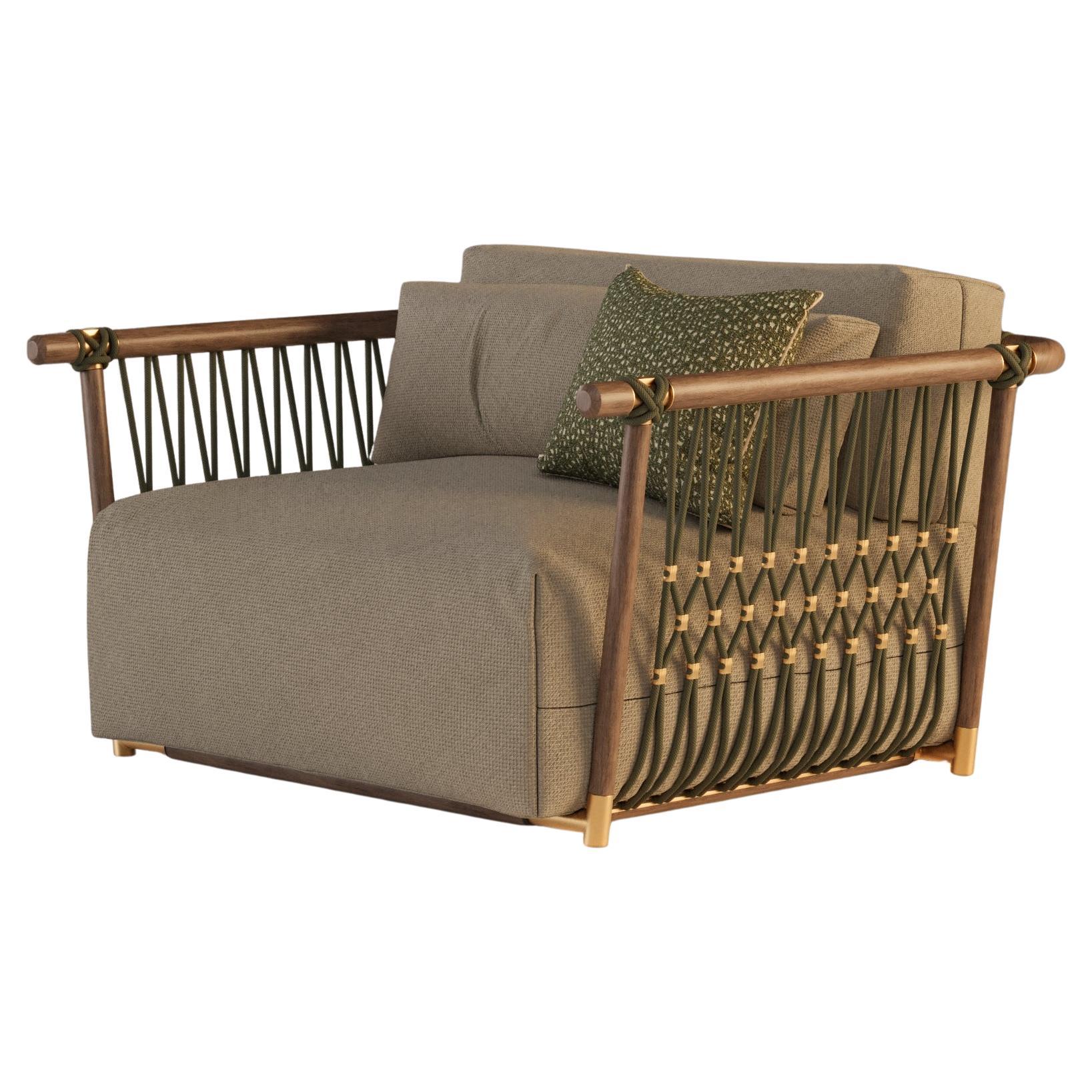 Wooden Outdoor Lounge Chair with Rope and Metallic Details