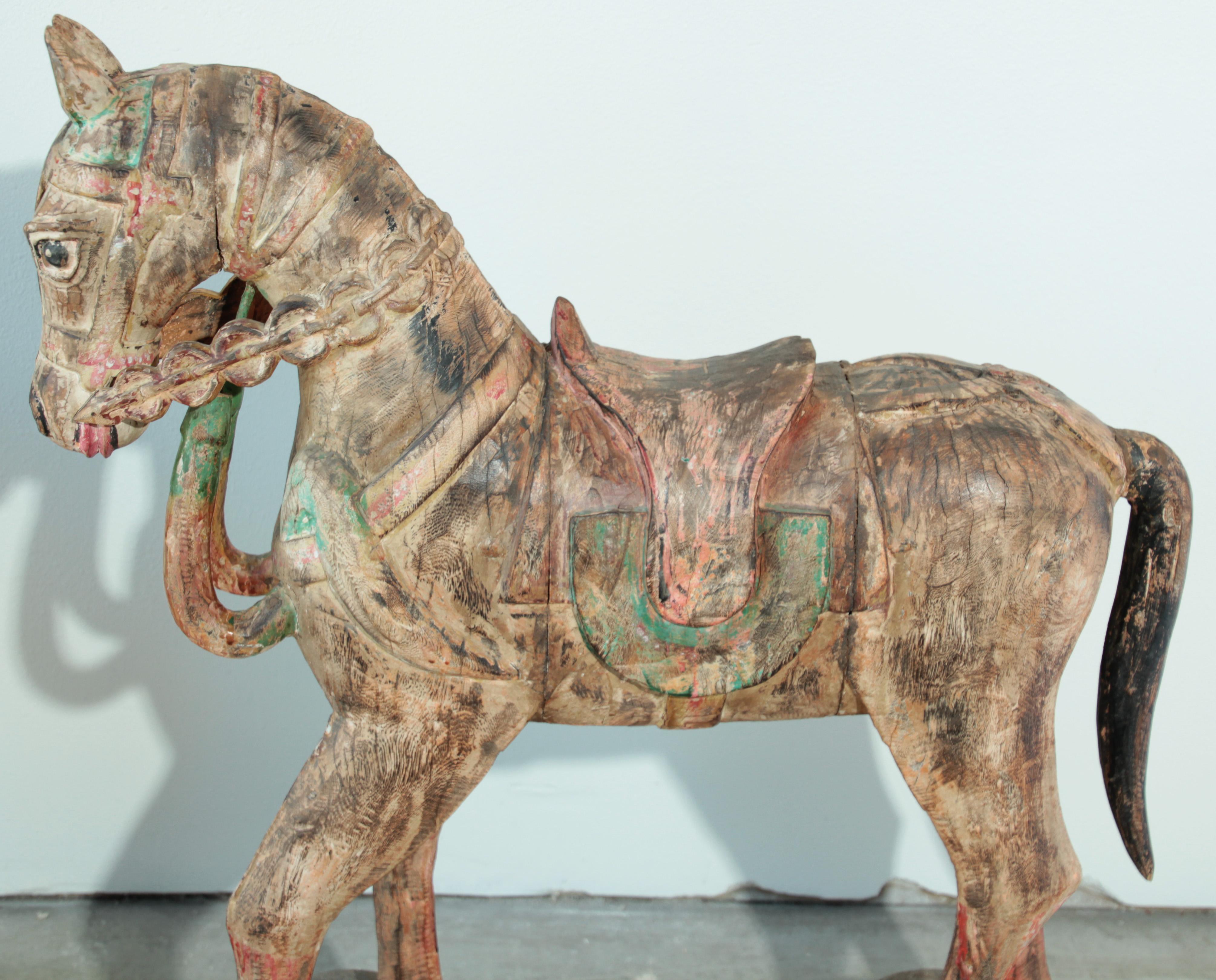 19th Century Antique South Asian Polychrome Wooden Oversized Ceremonial Horse from India For Sale