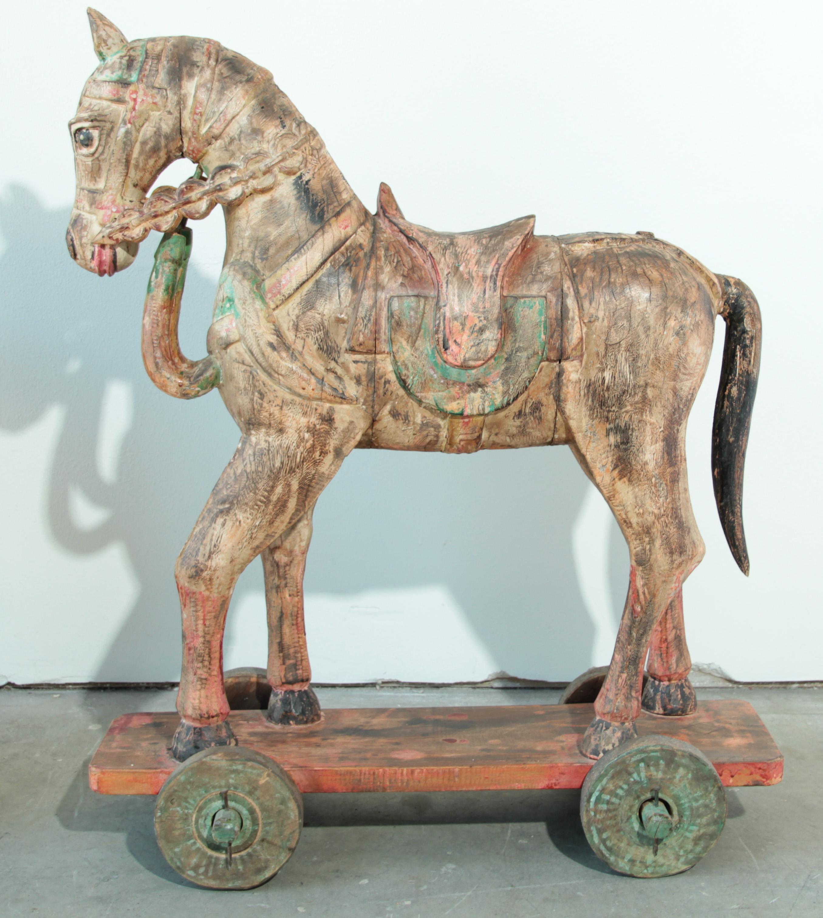 Antique Southeast Asian Polychrome Wooden Oversized Temple Horses from India For Sale 6