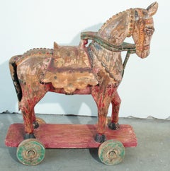 Large Antique Asian Polychrome Wooden Oversized Temple Horse from India