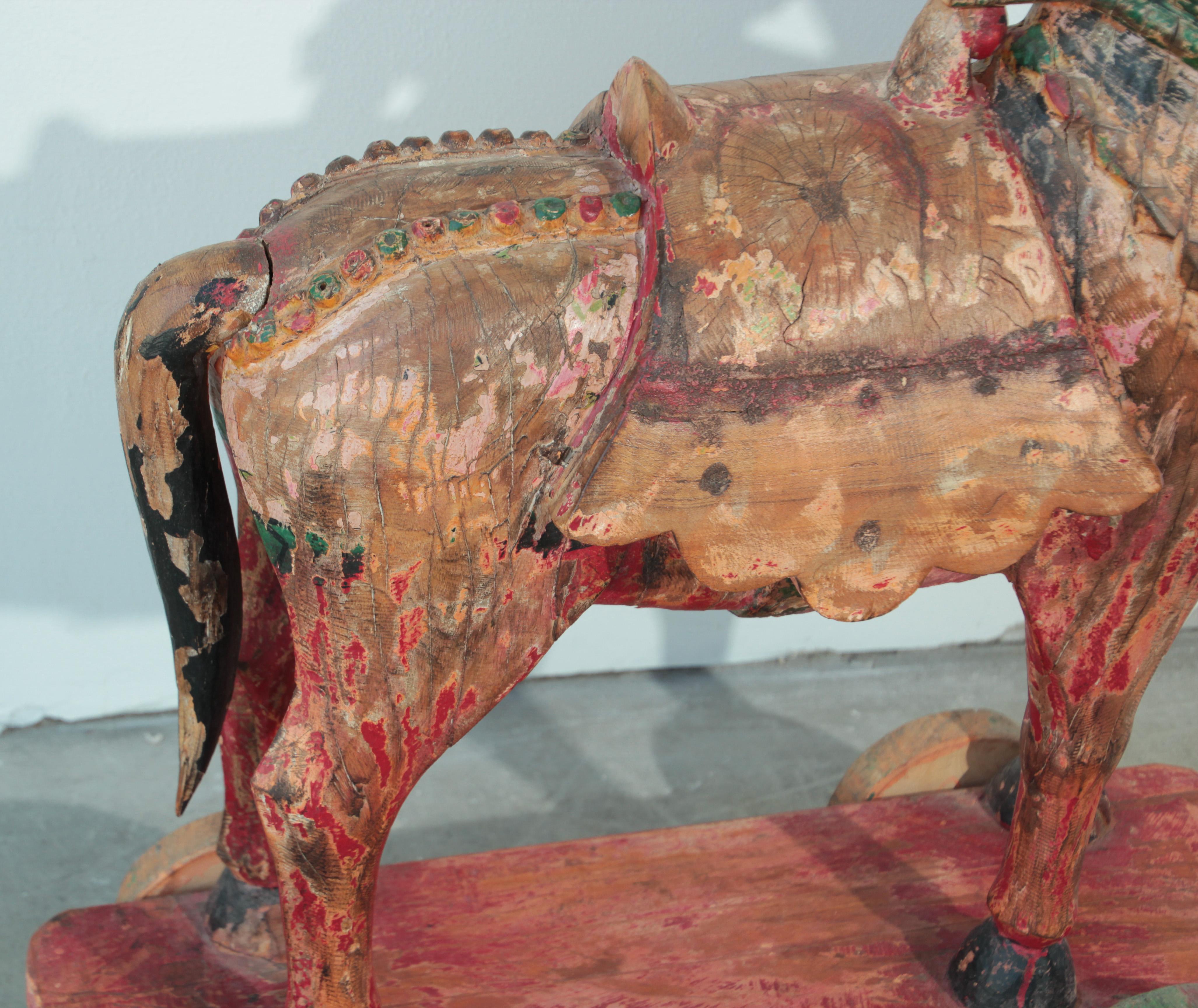 Indian Large Antique Asian Polychrome Wooden Oversized Temple Horse from India For Sale