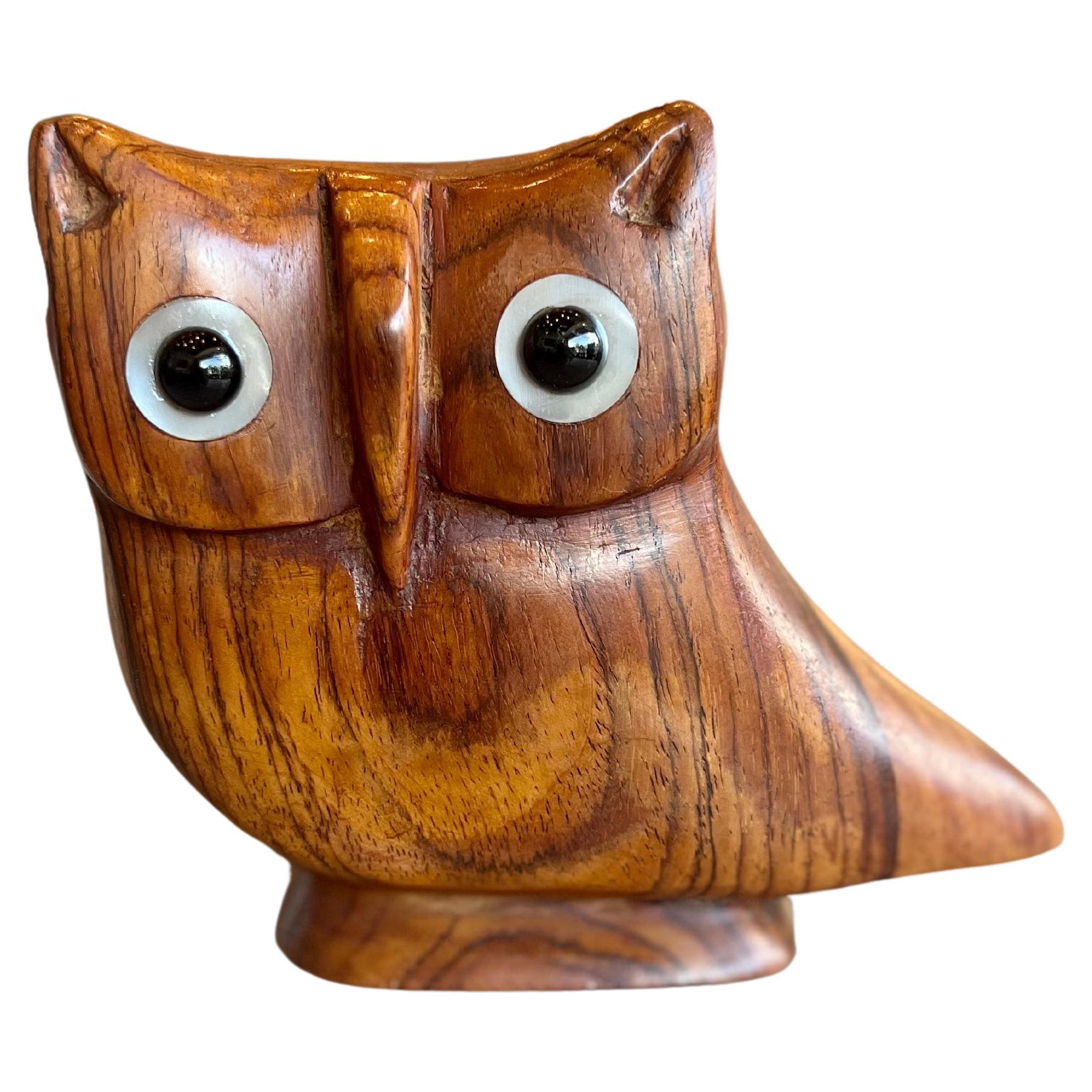 Wooden Owl Carving With Obsidian and Abalone Eyes by Los Castillo