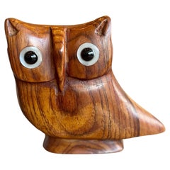 Scultura in legno di gufo con occhi di ossidiana e abalone di Los Castillo