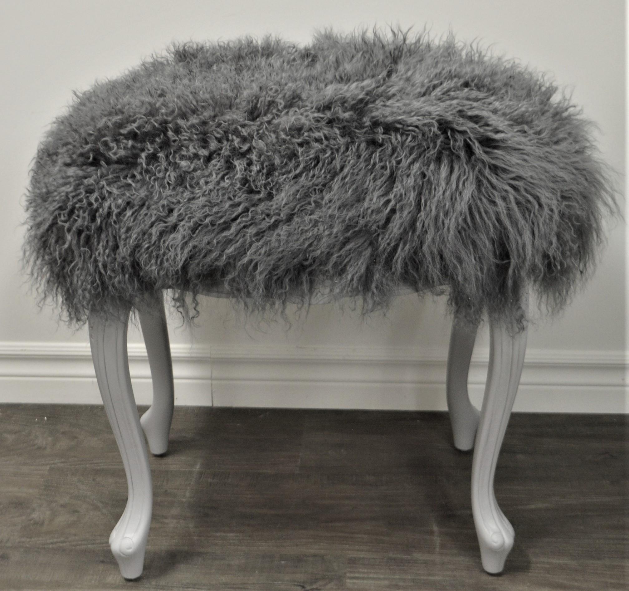 Dyed Wooden Painted Bench Upholstered with a Grey Curly Lamb's Wool For Sale